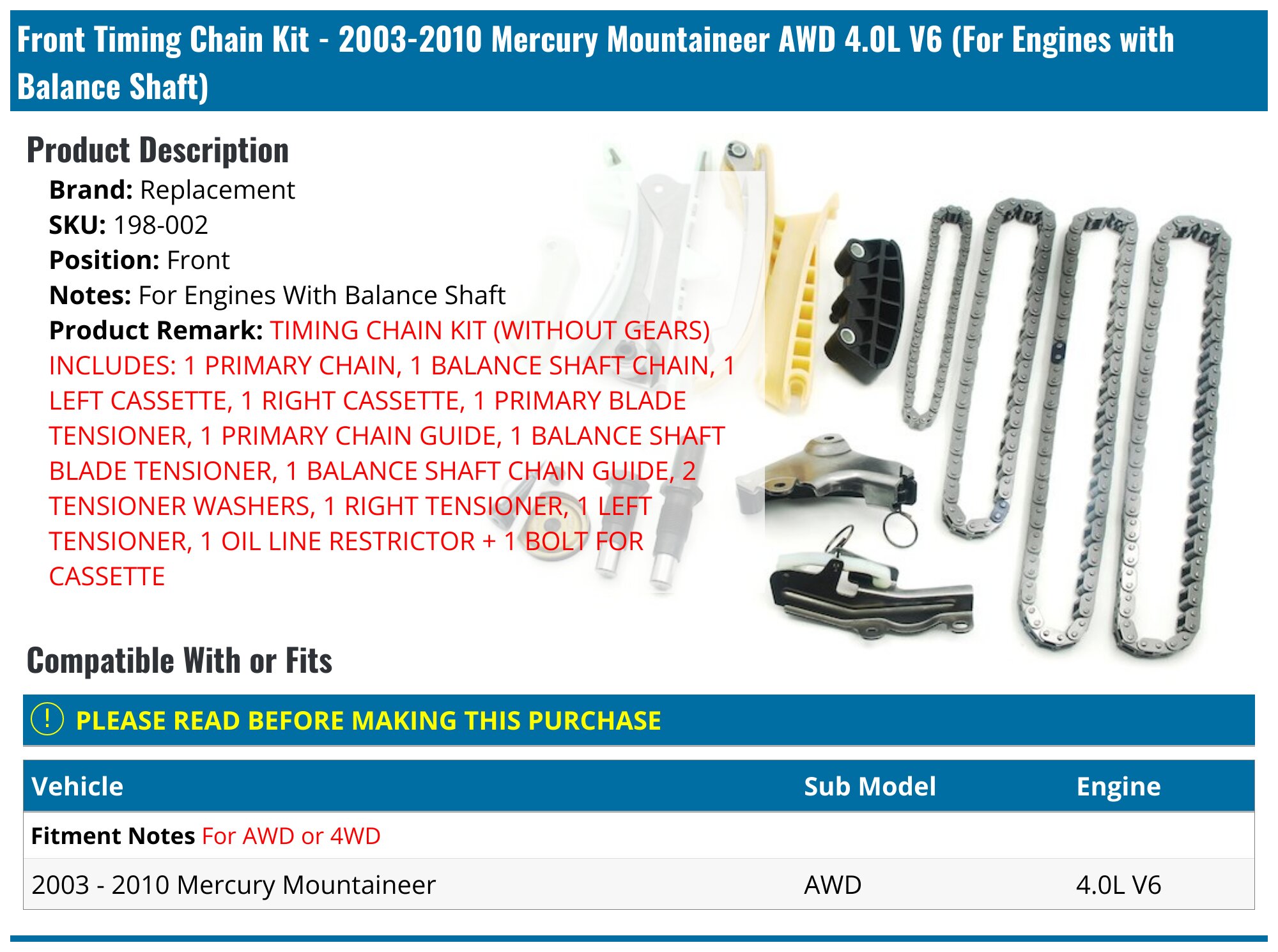Timing Chain Kit (Without Gears) For 02-11 Ford Expedition Mercury 4.6L 2-Bolt Guide