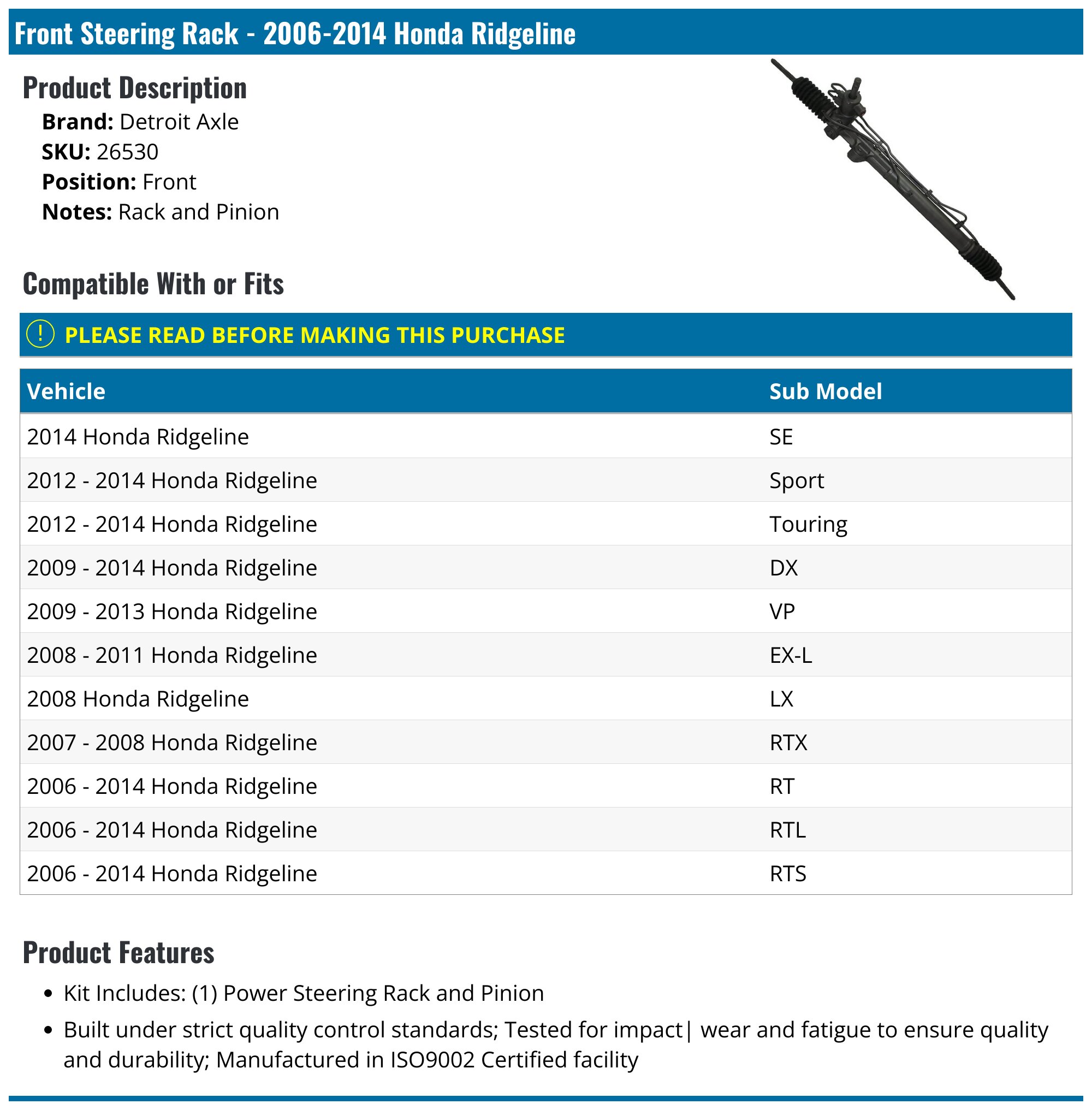 Honda Ridgeline Rack, power steering. Box, gear, suspension - 53601-SJC