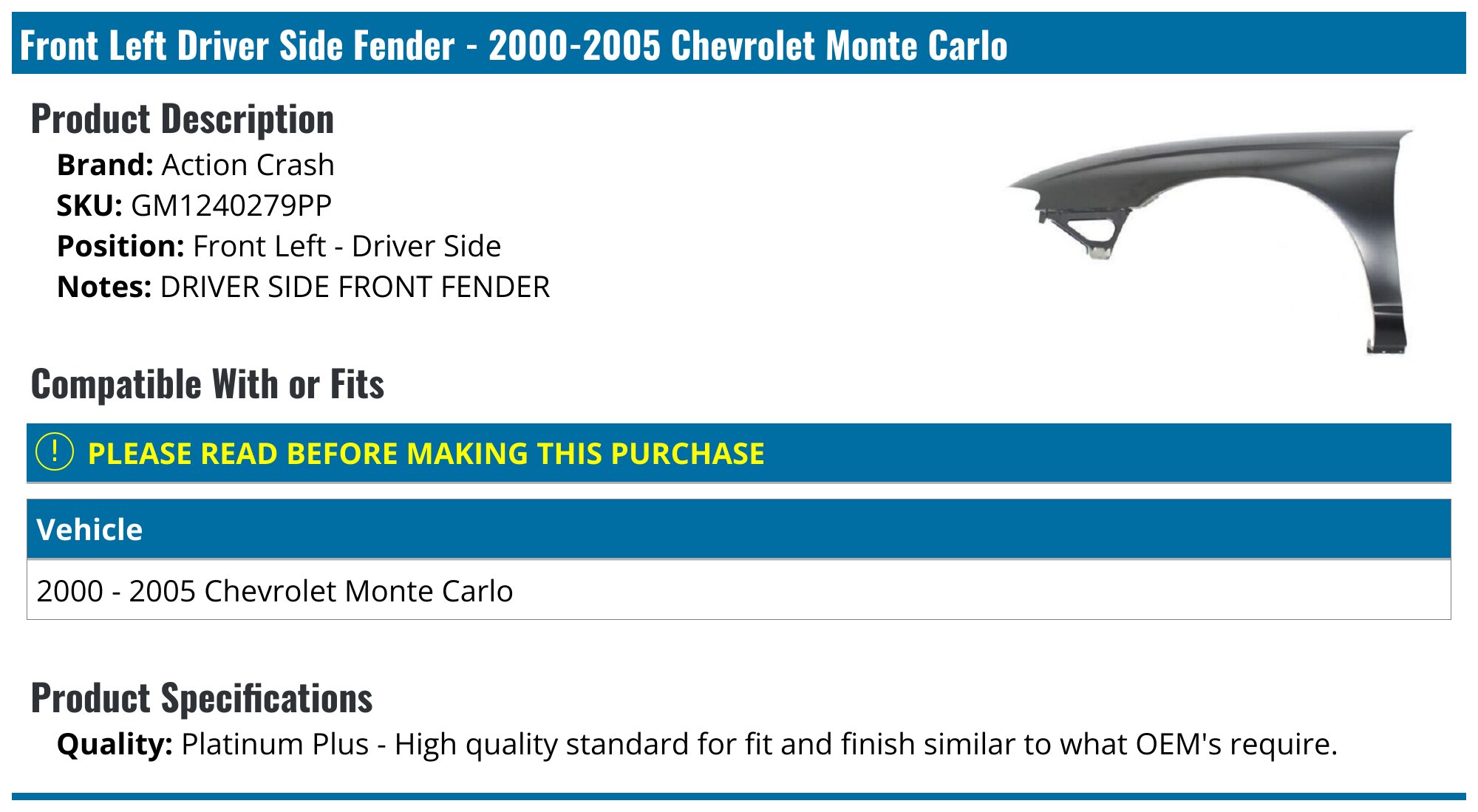 Front Fender Liners Set For 2000-2005 Chevrolet Monte Carlo Front Fender Liners Set For 2000-2005 Chevrolet Monte Carlo