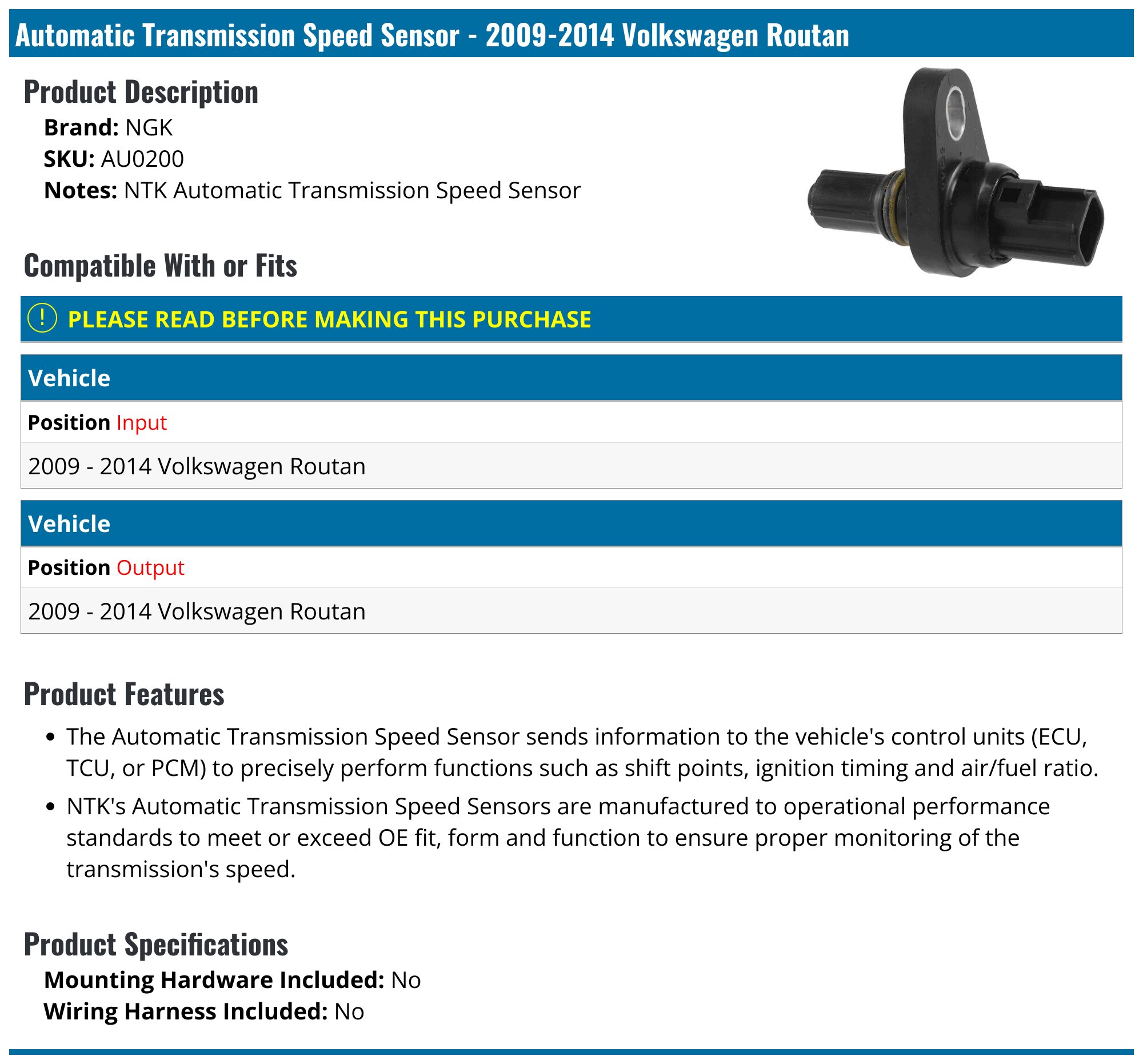 2009-2014 Volkswagen Routan Automatic Transmission Speed Sensor - NGK ...
