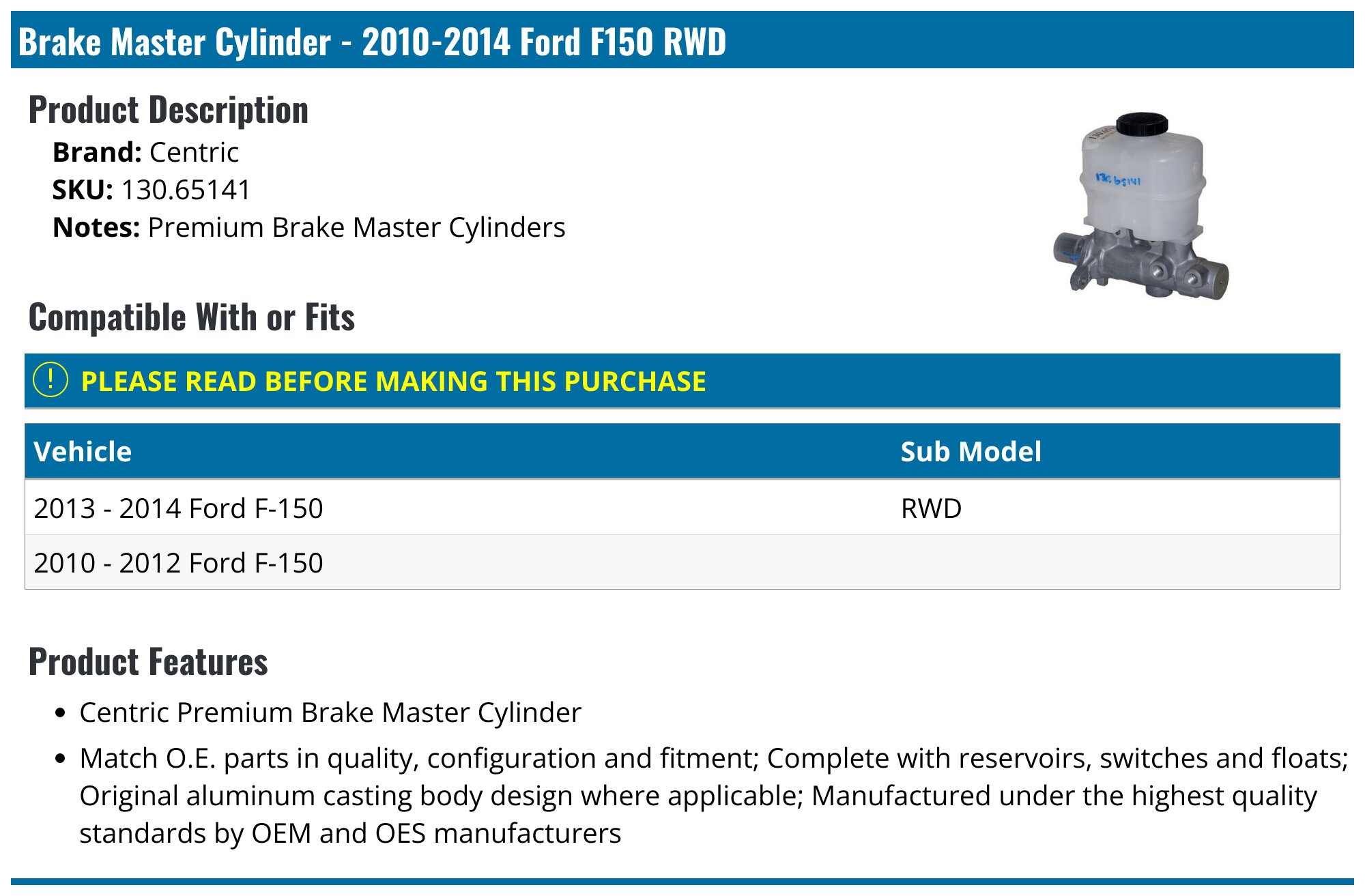 20102014 Ford F150 Brake Master Cylinder Centric 130.65141