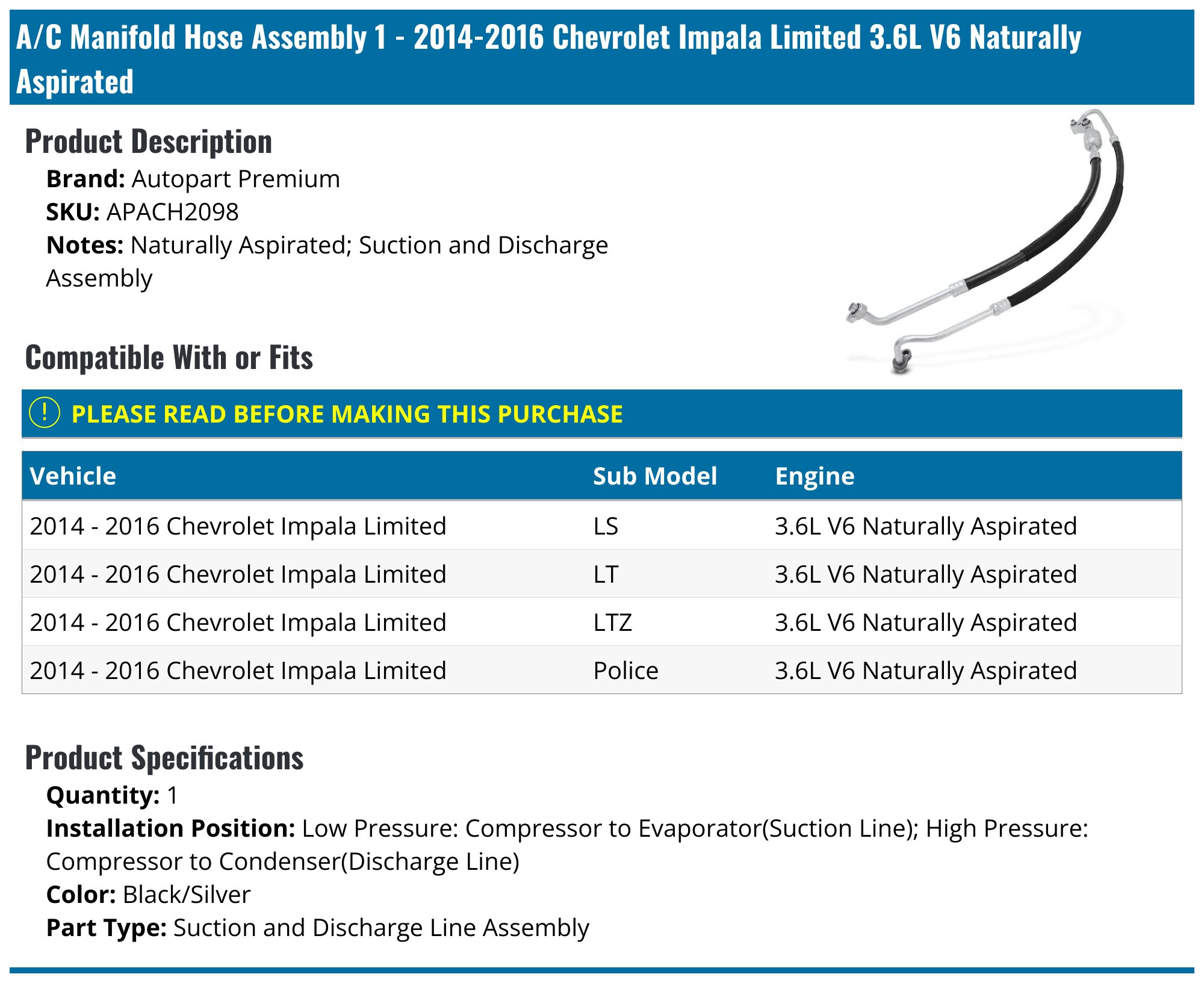 A/C Manifold Hose Assembly For Chevrolet Impala Limited 2014-2016 – Replaces P-2987470