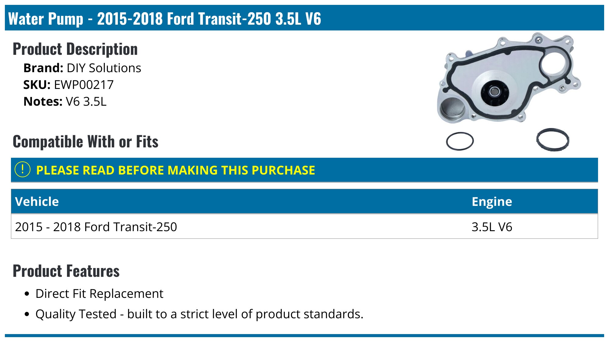 2015-2018 Ford Transit-250 Water Pump - DIY Solutions EWP00217 ...