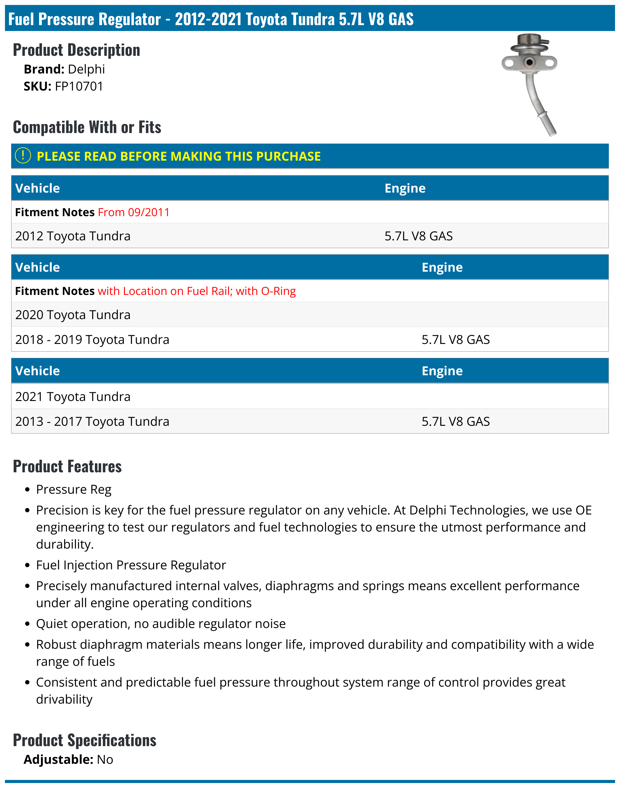 20122021 Toyota Tundra Fuel Pressure Regulator Delphi FP10701