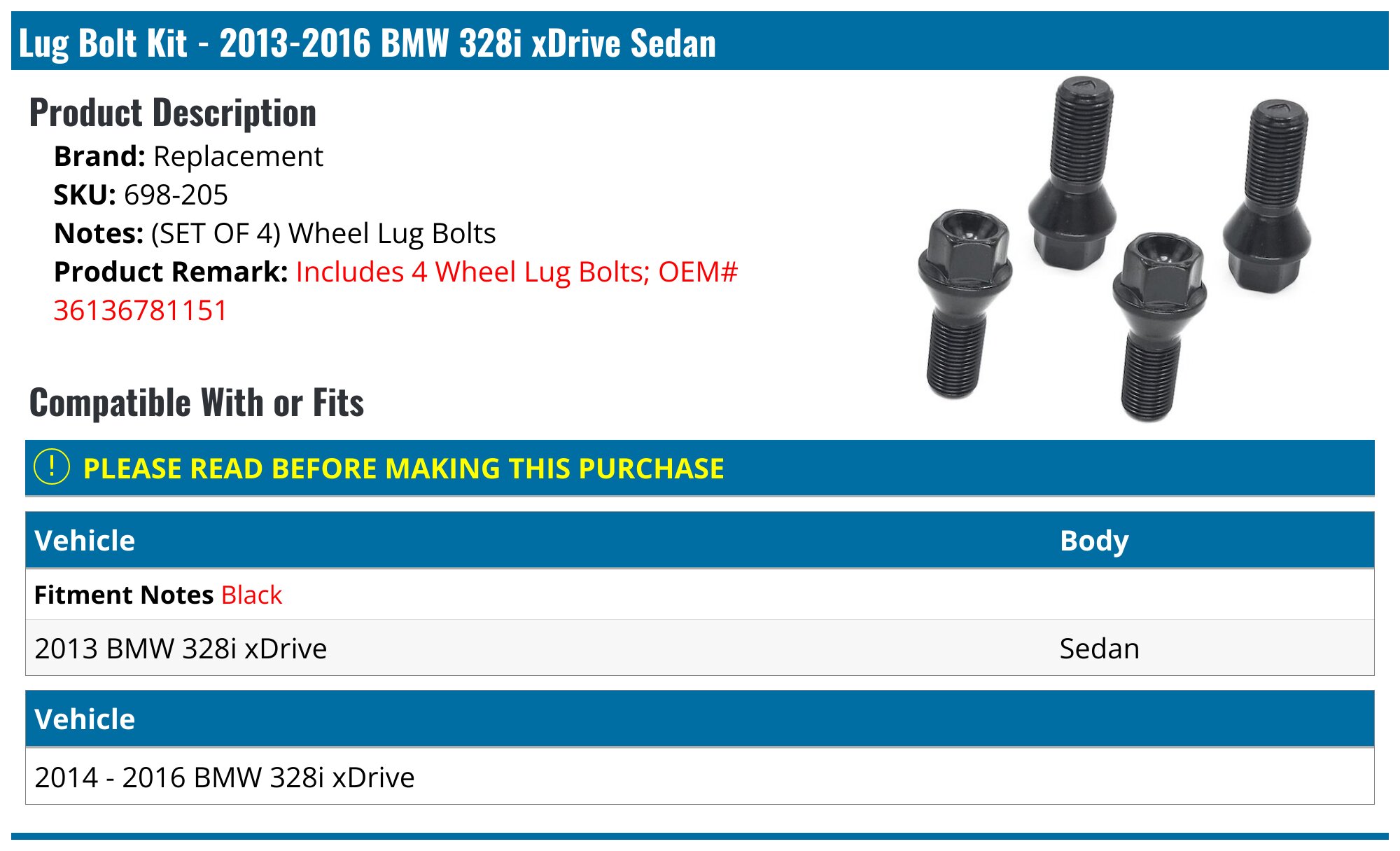 2013-2016 BMW 328i xDrive Lug Bolt - Replacement 698-205 - PartsGeek.com