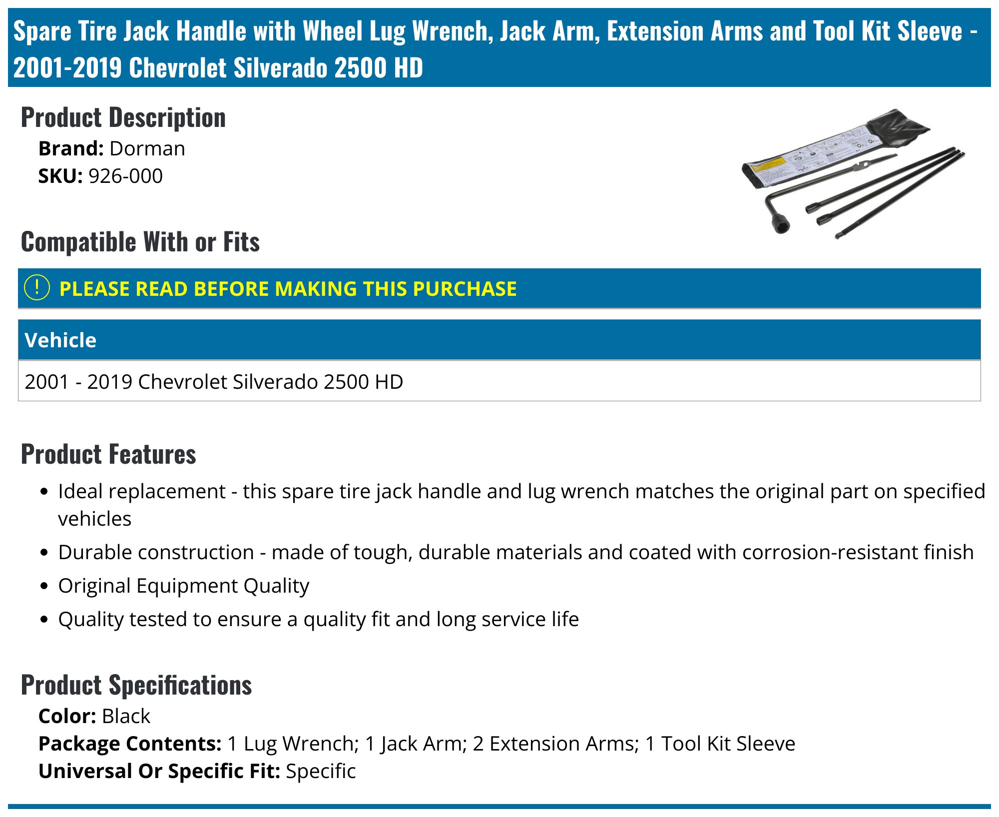 Dorman 926-000 Spare Tire And Jack Tool Kit | XDP