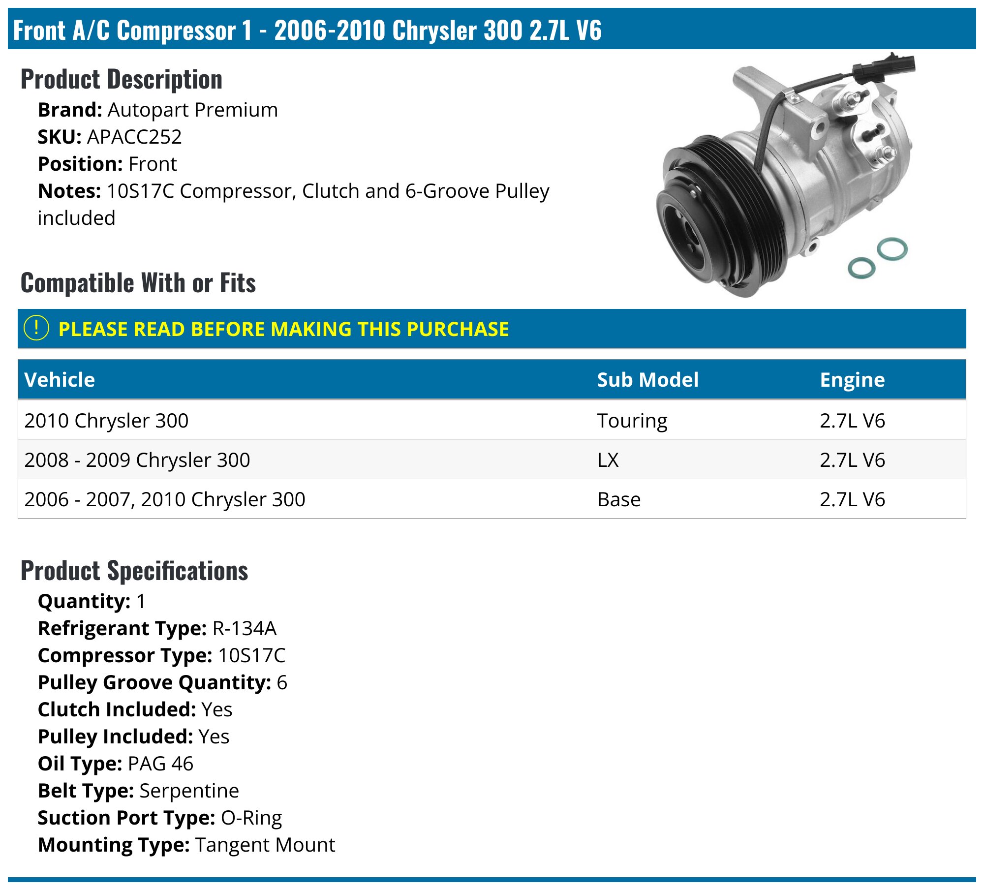 2006-2010 Chrysler 300 A/C Compressor Autopart Premium APACC252