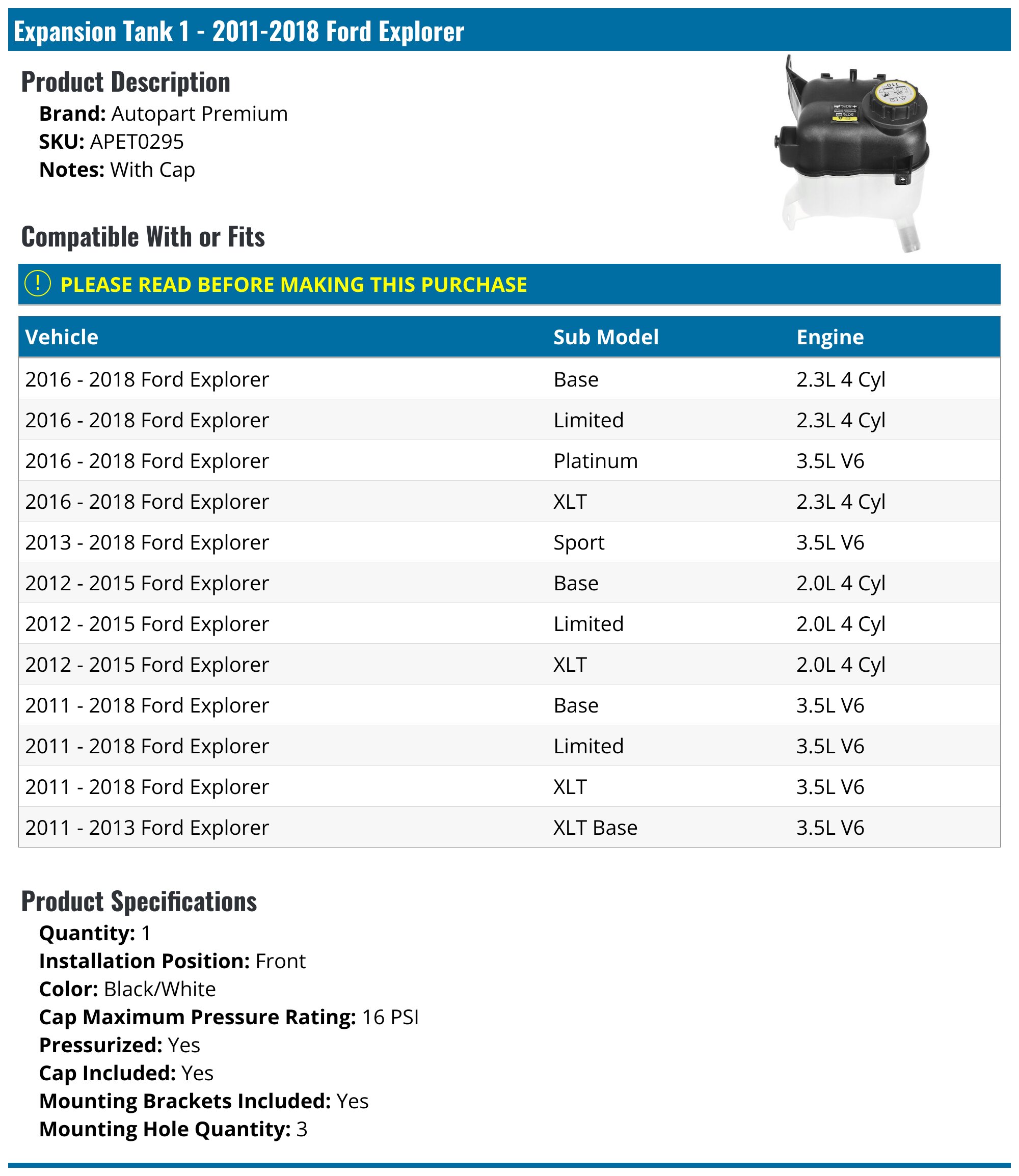 2011-2018 Ford Explorer Expansion Tank - Autopart Premium APET0295 ...