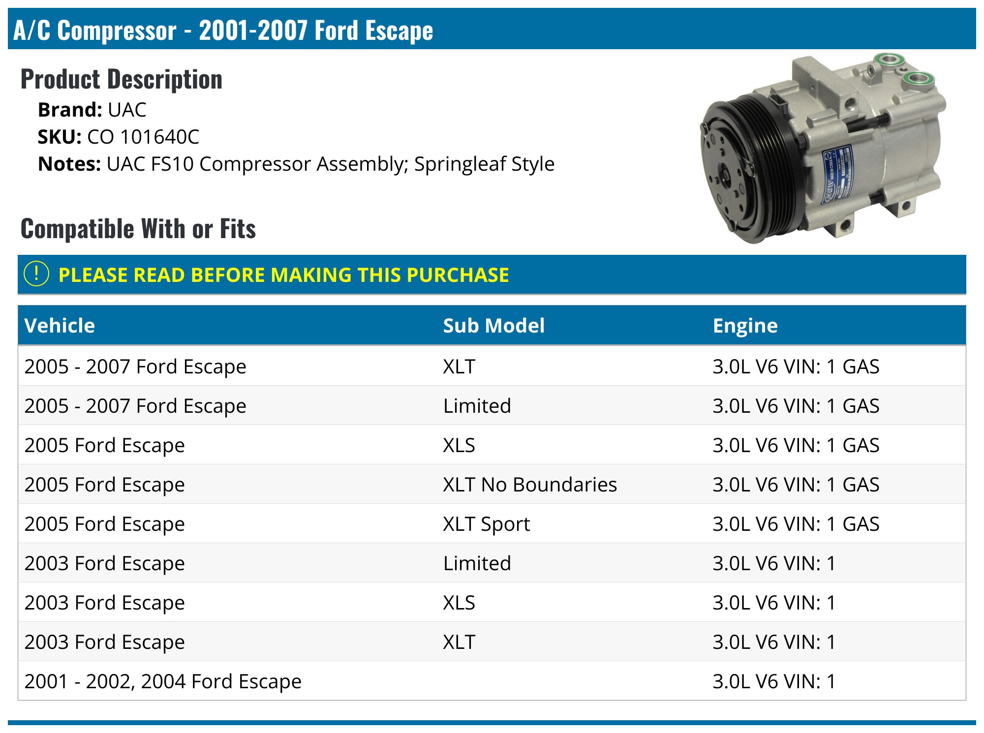 Munirater A/C Compressor With Clutch – CO 101640C – For 2001-2007 Ford Escape 3.0L V6
