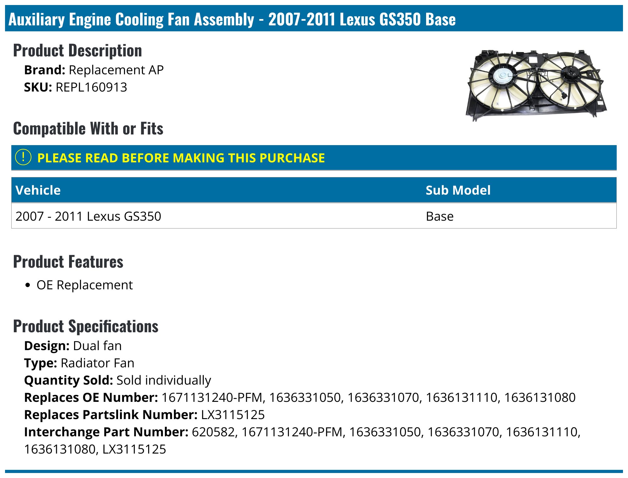 Evan-Fischer Radiator Cooling Fan Assembly For 2007-2011 Lexus GS350 (Dual Fans)