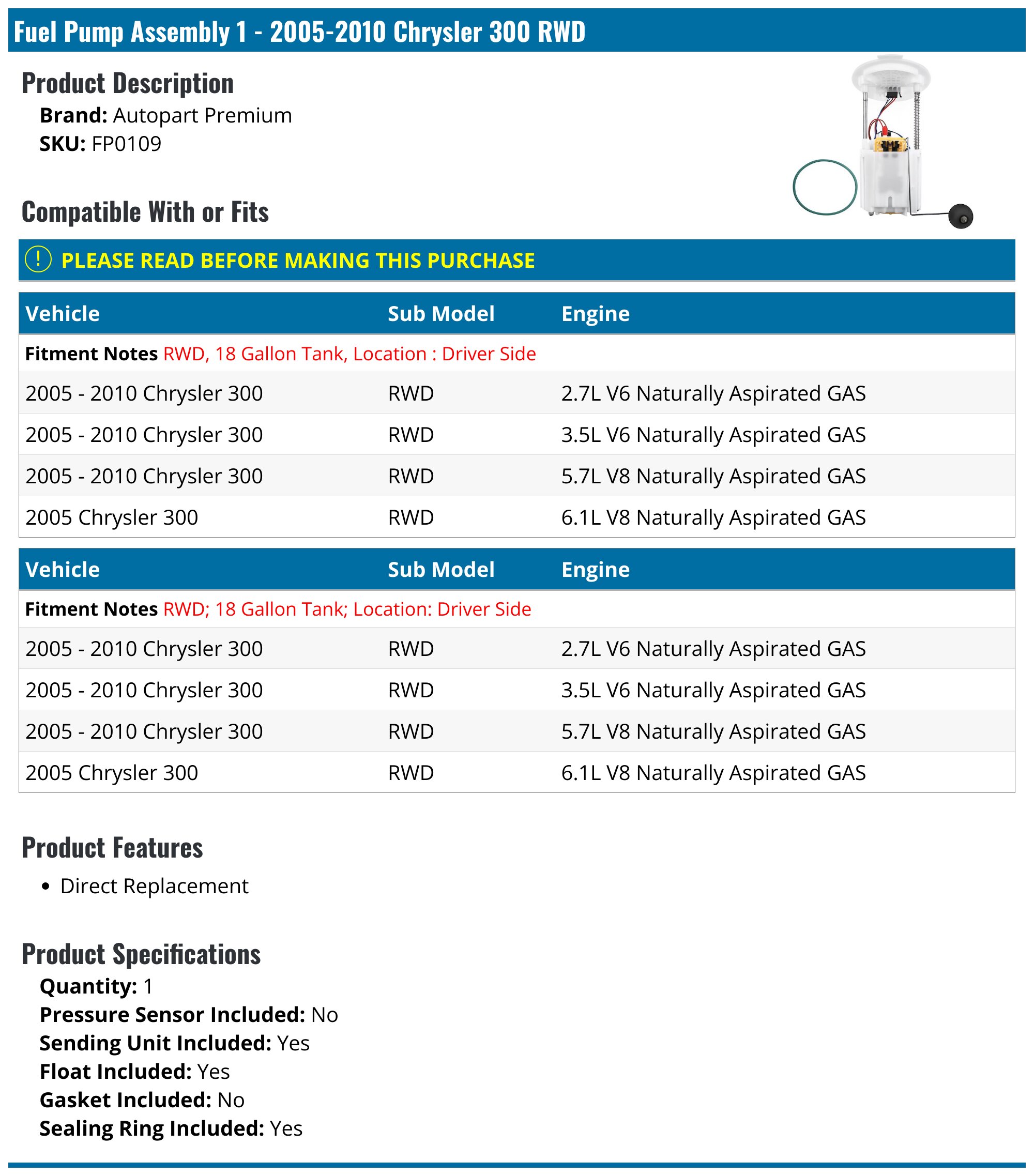 2006-2010 Dodge Charger Fuel Pump - Hella 358300231 - Left