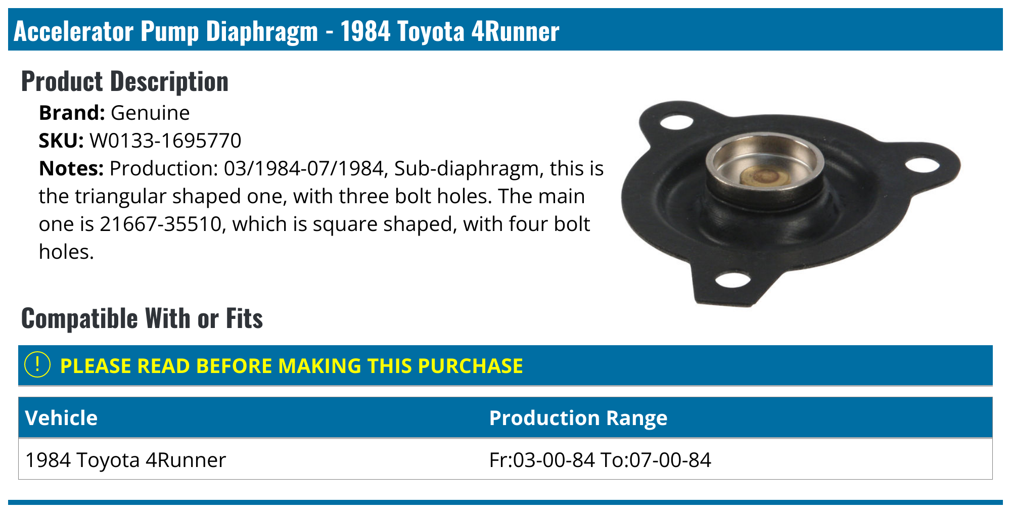 1984 Toyota 4Runner Accelerator Pump Diaphragm Genuine W01331695770