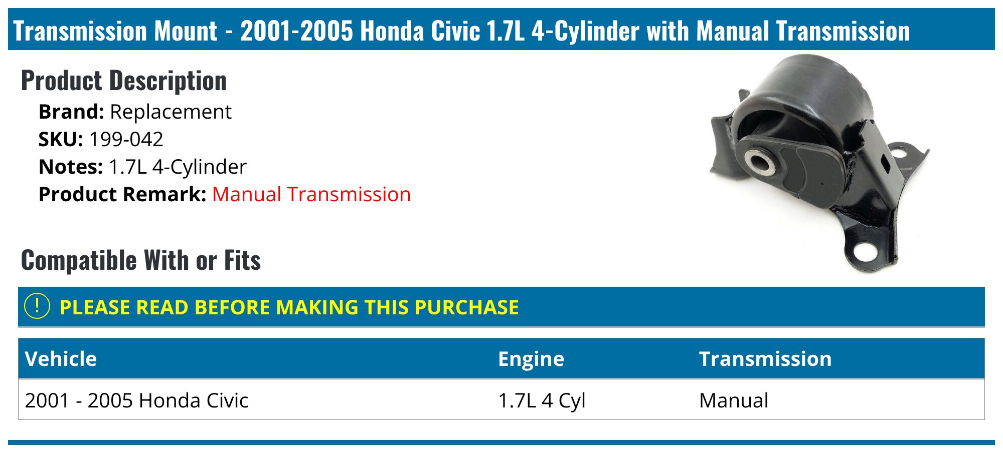 Left Side Transmission Mount For 2016-2019 Honda Civic 2.0L - Automatic CVT