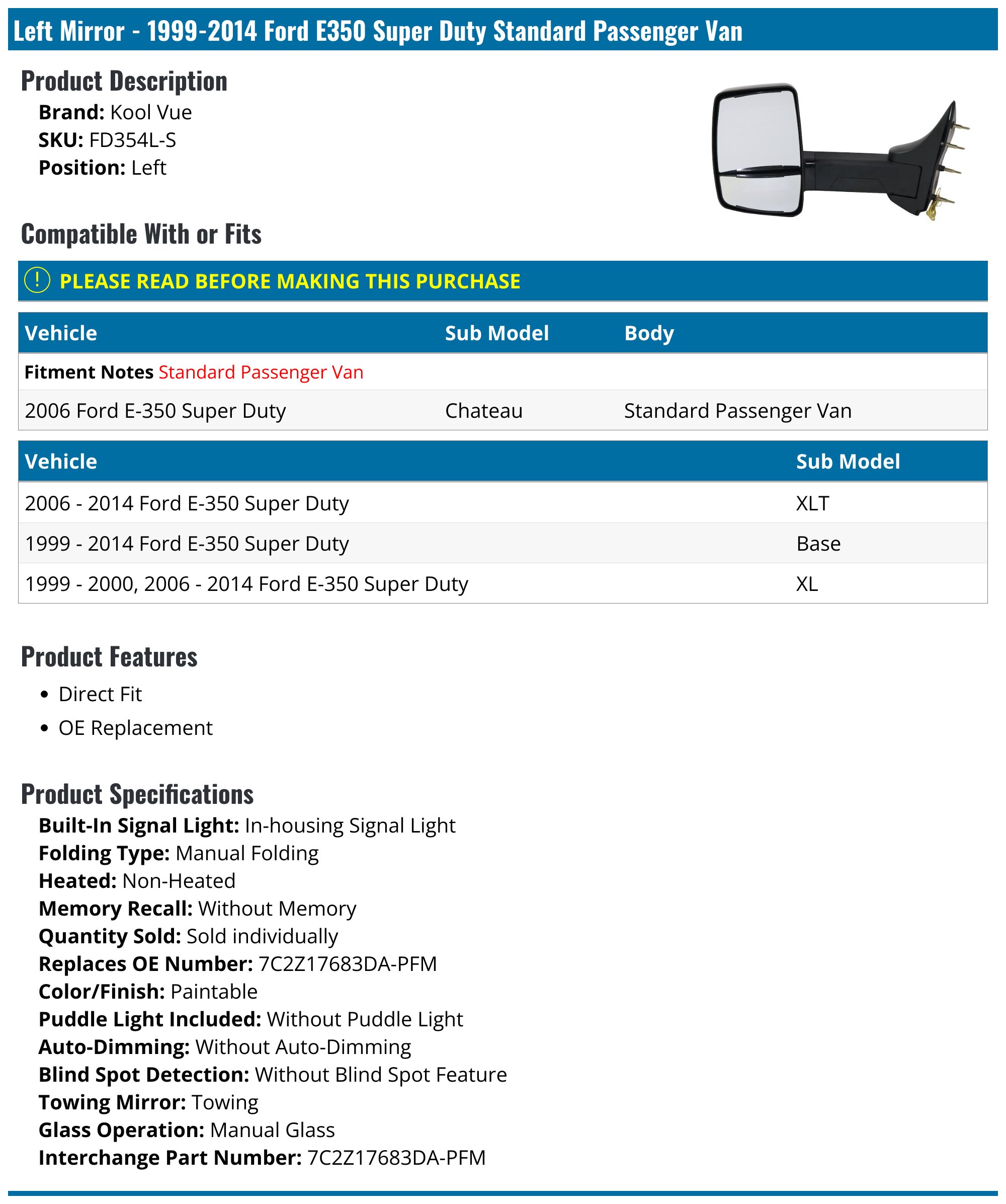Kool Vue Pair Manual Towing Mirrors For Ford E-350 Super Duty E-150 E-250 1999-2014 – Textured Black