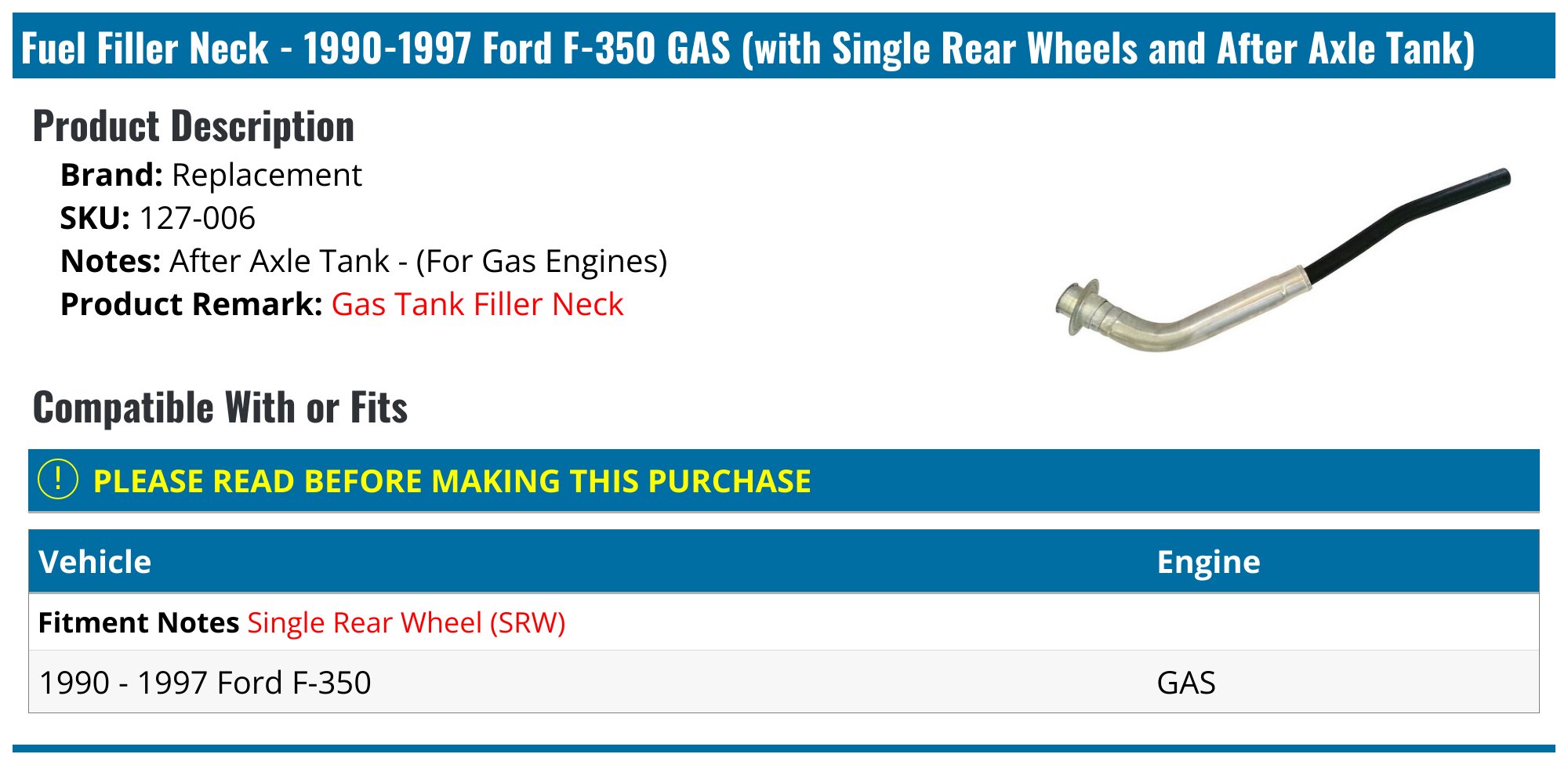 19901997 Ford F350 Fuel Filler Neck Replacement 127006