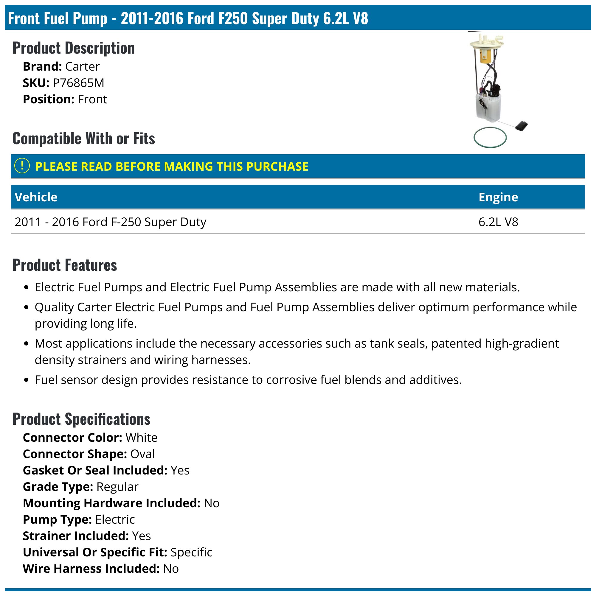 OELINE Fuel Pump Module Assembly – 2011-2016 Ford F-250 F-350 Super Duty 6.2L V8 – E2582M BC3Z-9H307D