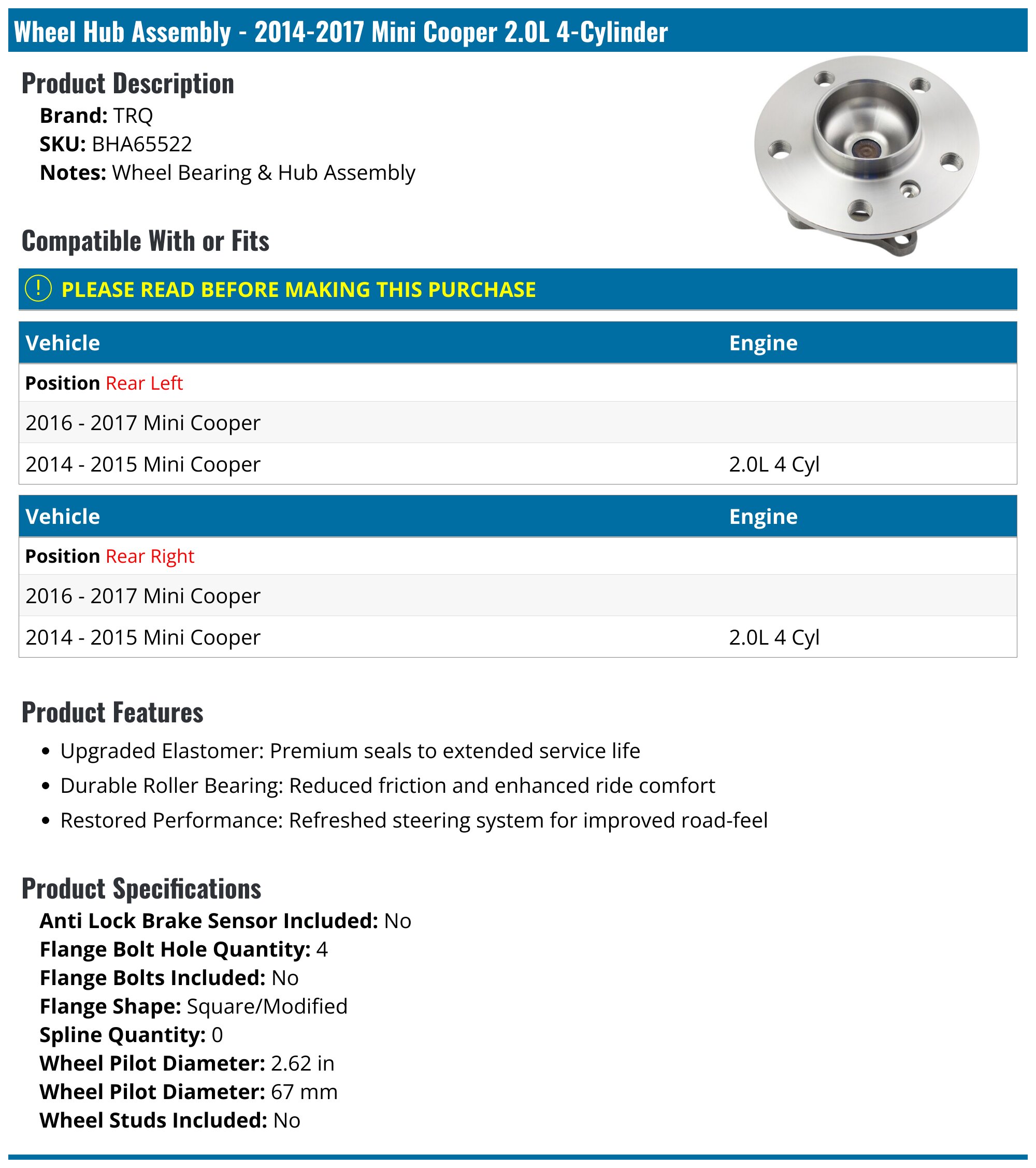 A-Premium Front Wheel Bearing & Hub Assembly For Mini Cooper 2007-2015 – Direct Replacement
