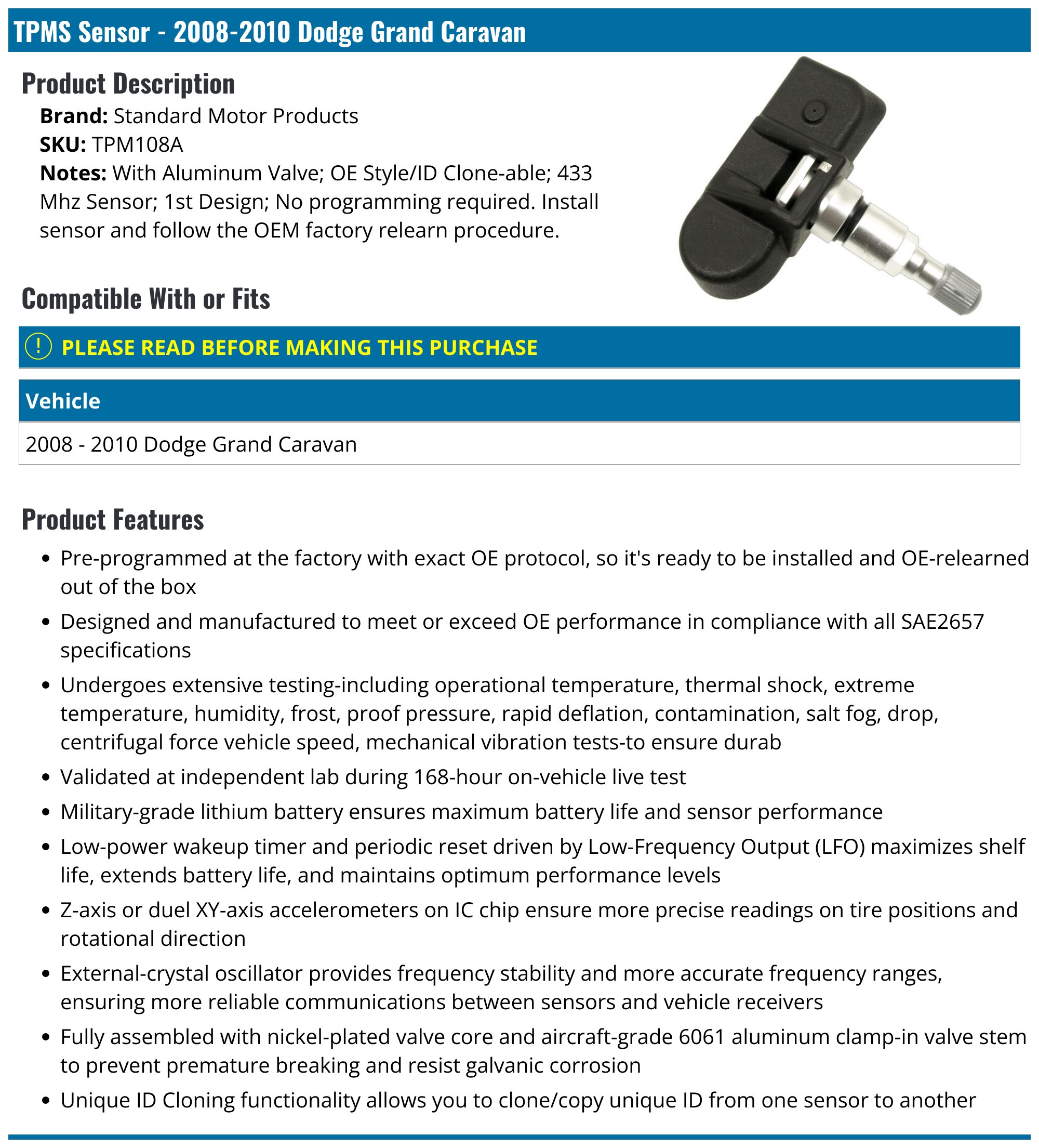 ITM TPMS Sensor For 2008-2010 Dodge Grand Caravan – 433MHz, Factory Replacement, 68078768AA