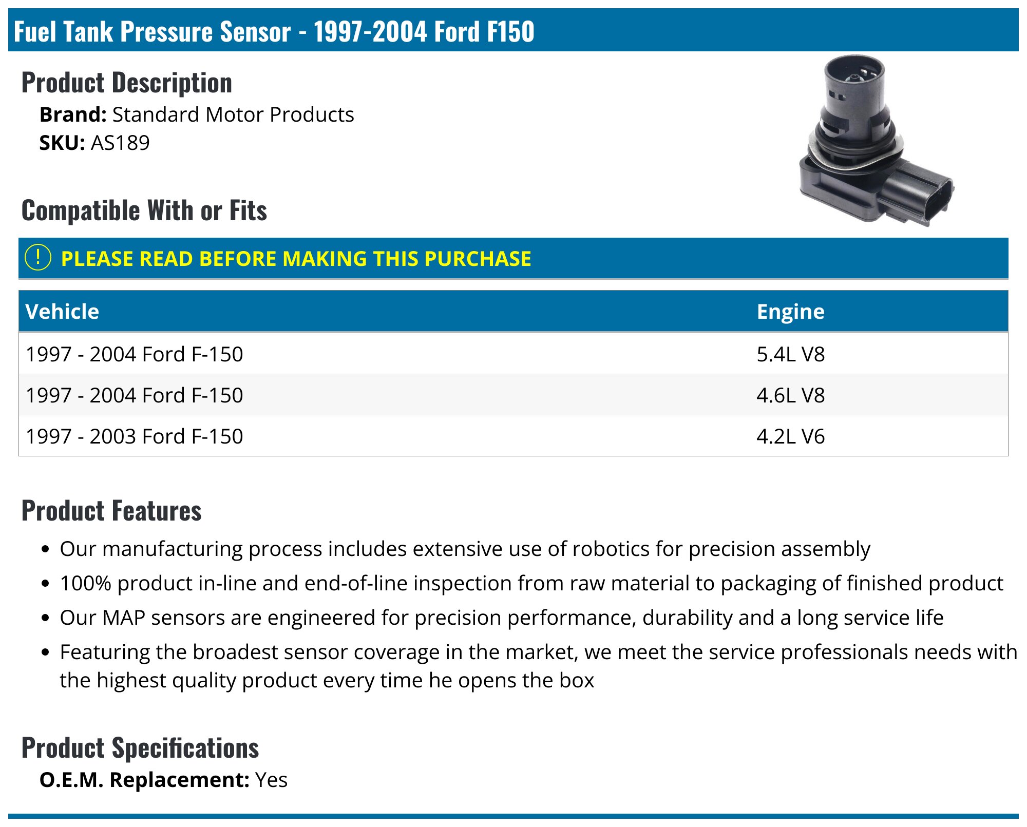 1997-2004 Ford F150 Fuel Tank Pressure Sensor - Standard Motor Products ...