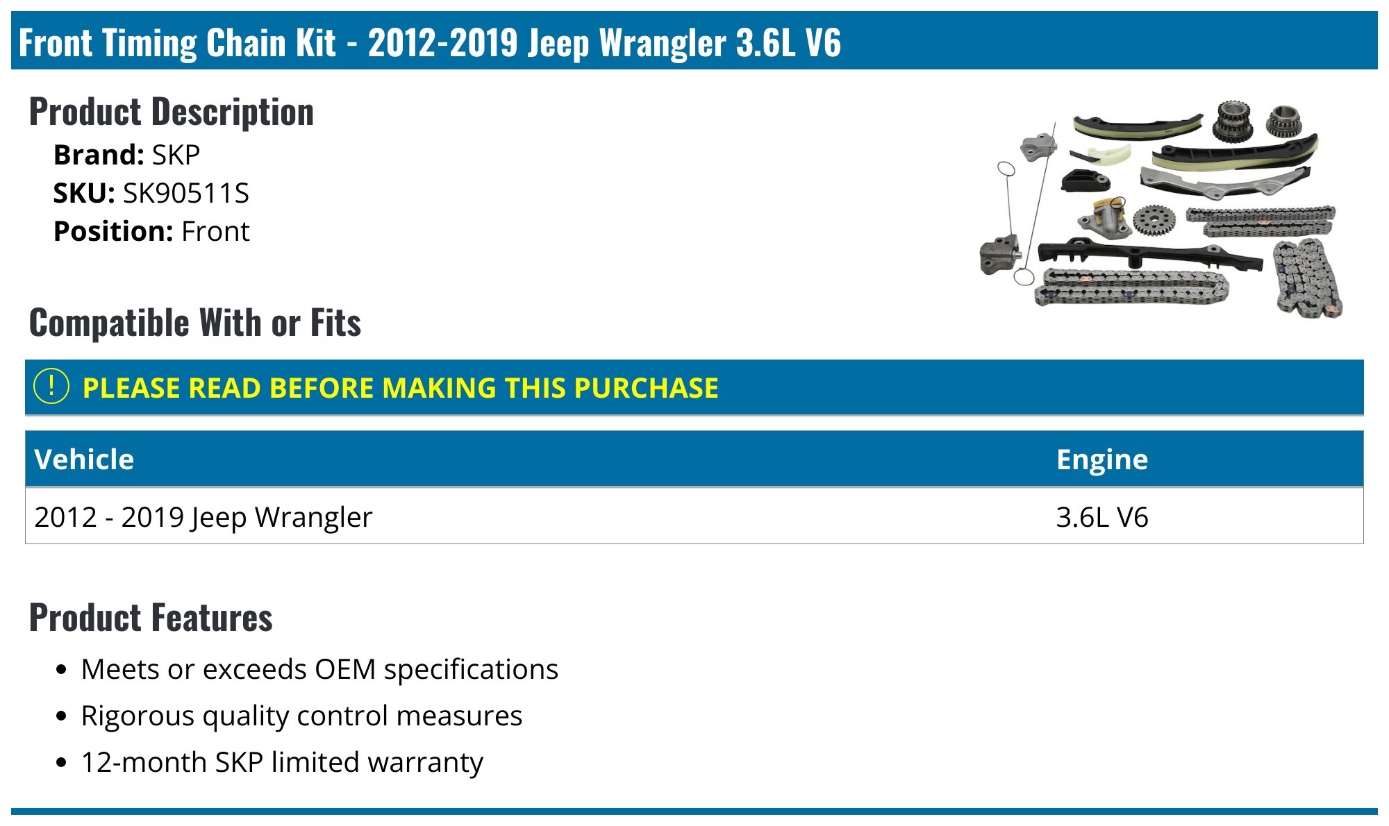 20122019 Jeep Wrangler Timing Chain SKP SK90511S Front
