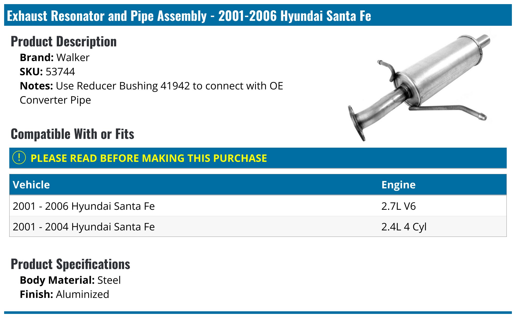 A1 Exhaust Flex Pipe For 2007-2009 Hyundai Santa Fe 3.3L V6 - Direct Fit