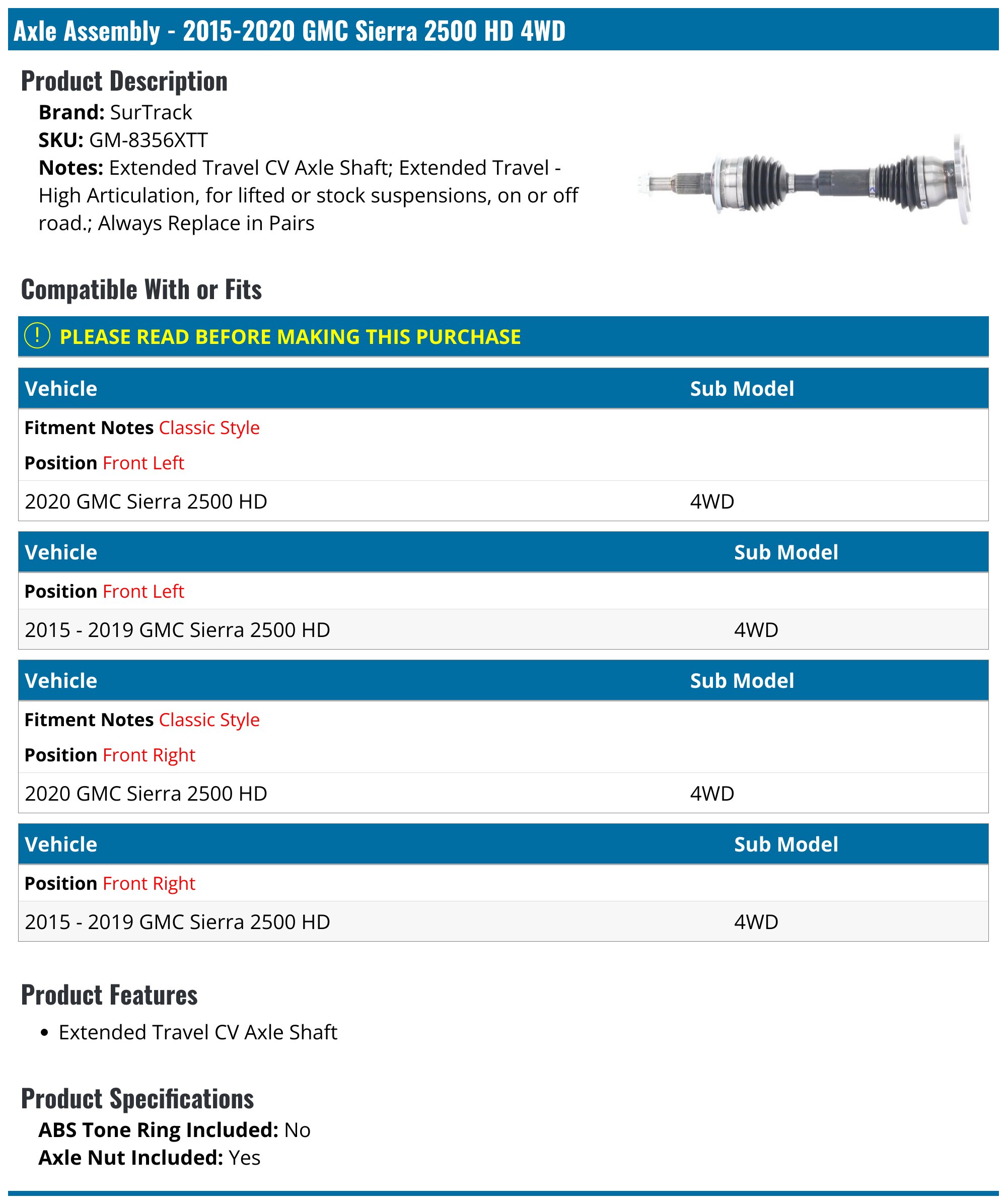 2015-2020 GMC Sierra 2500 HD Axle Assembly - SurTrack GM-8356XTT ...