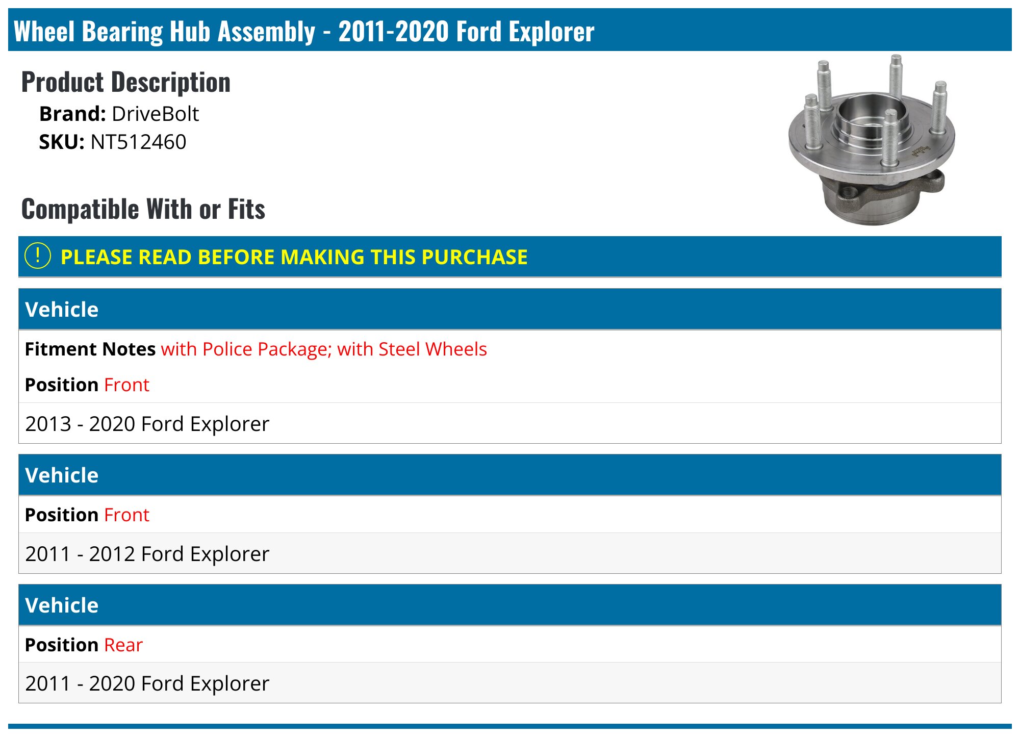 Front/Rear Wheel Hub Bearing Assembly For 2013-2020 Ford Explorer Police Interceptor