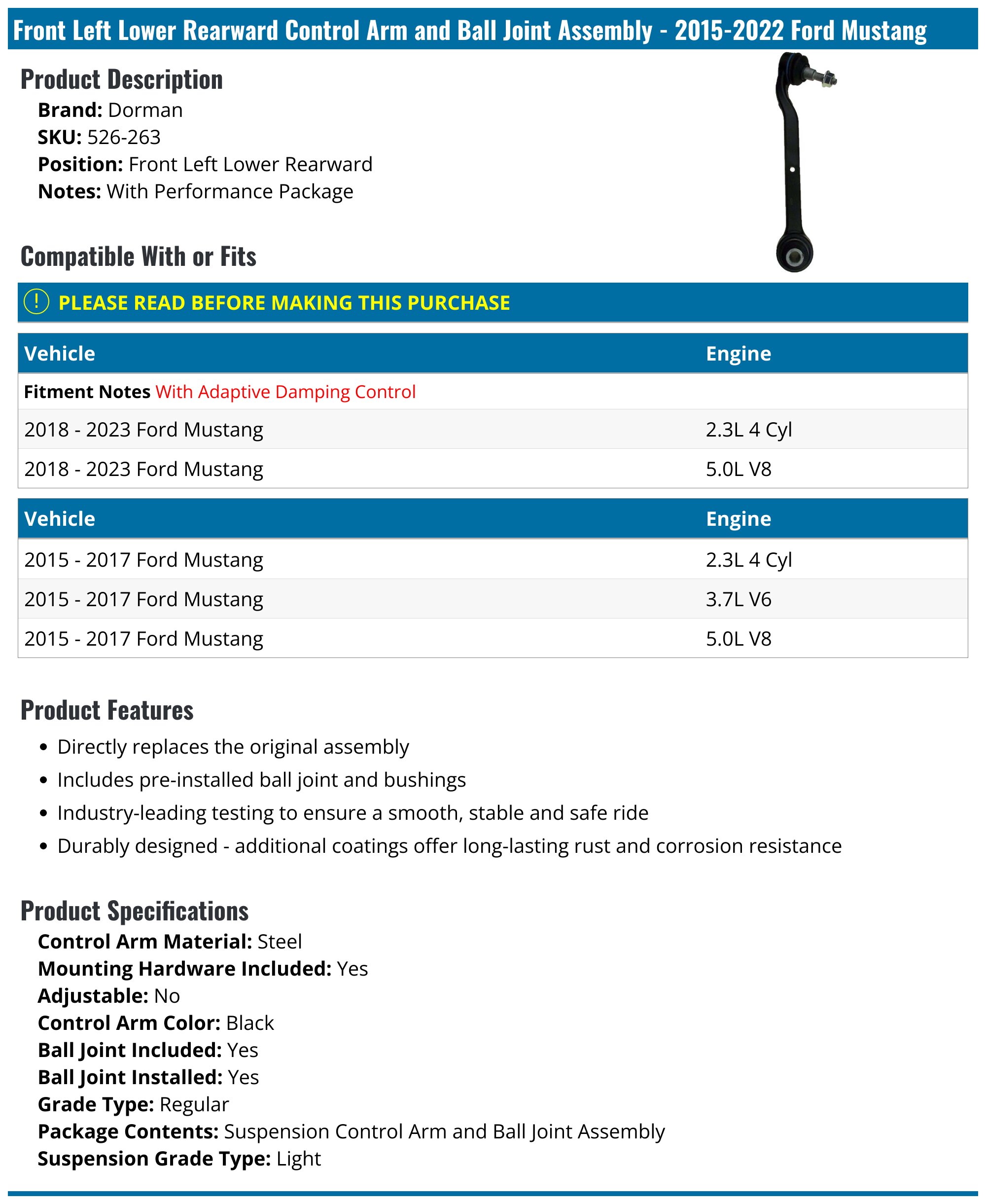 A-Premium Front Left Lower Rearward Control Arm With Ball Joint Compatible With Ford Mustang 2015 2016 2017 2018 2019 2020 2021 2.3L 5.0L Replace# FR3Z3079C - Walmart Supplies