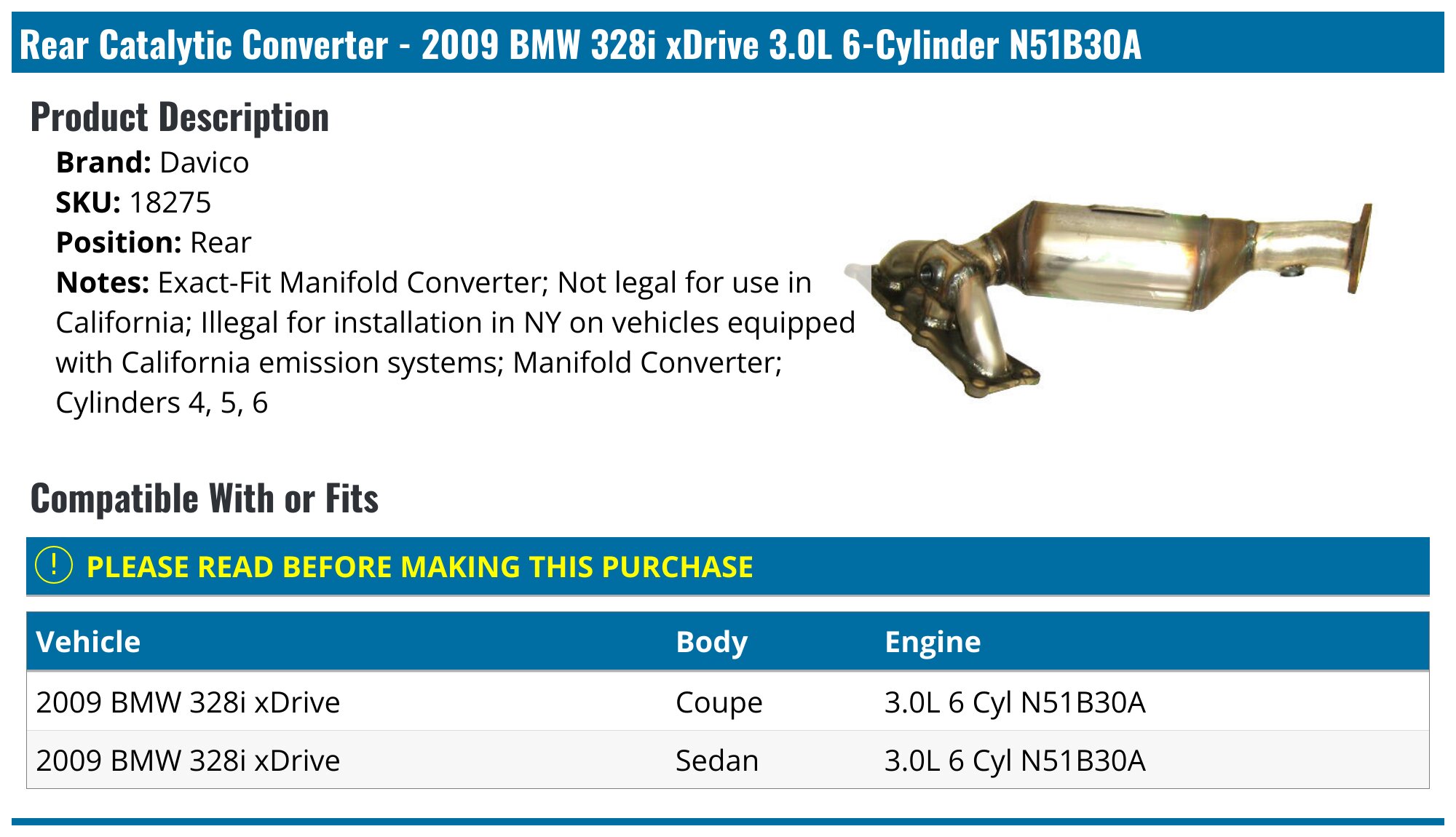 2009-2013 BMW 328i xDrive Catalytic Converter - Davico 18275 - Rear ...