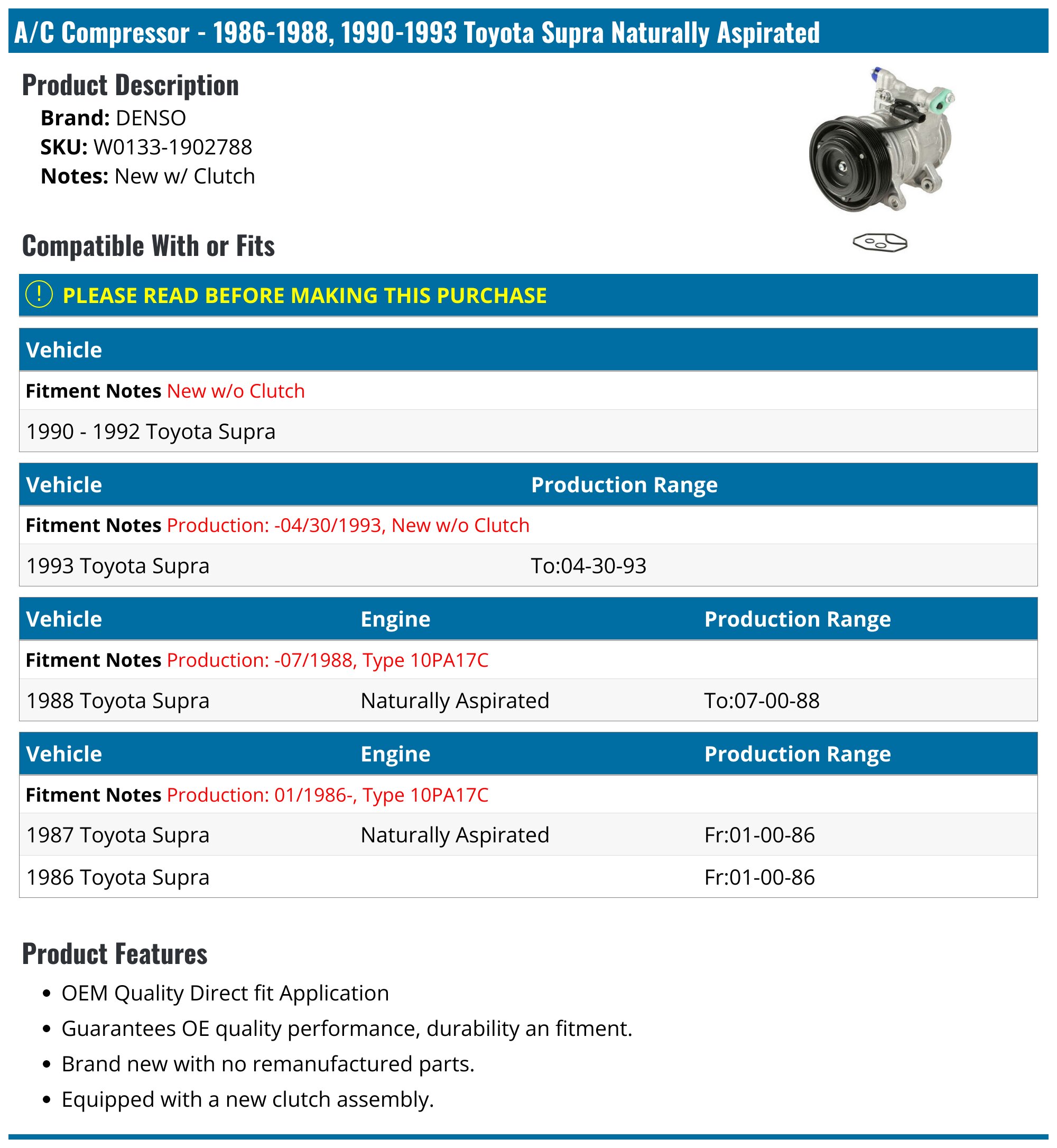 1986-1988, 1990-1993 Toyota Supra A/C Compressor - Denso W0133-1902788 ...