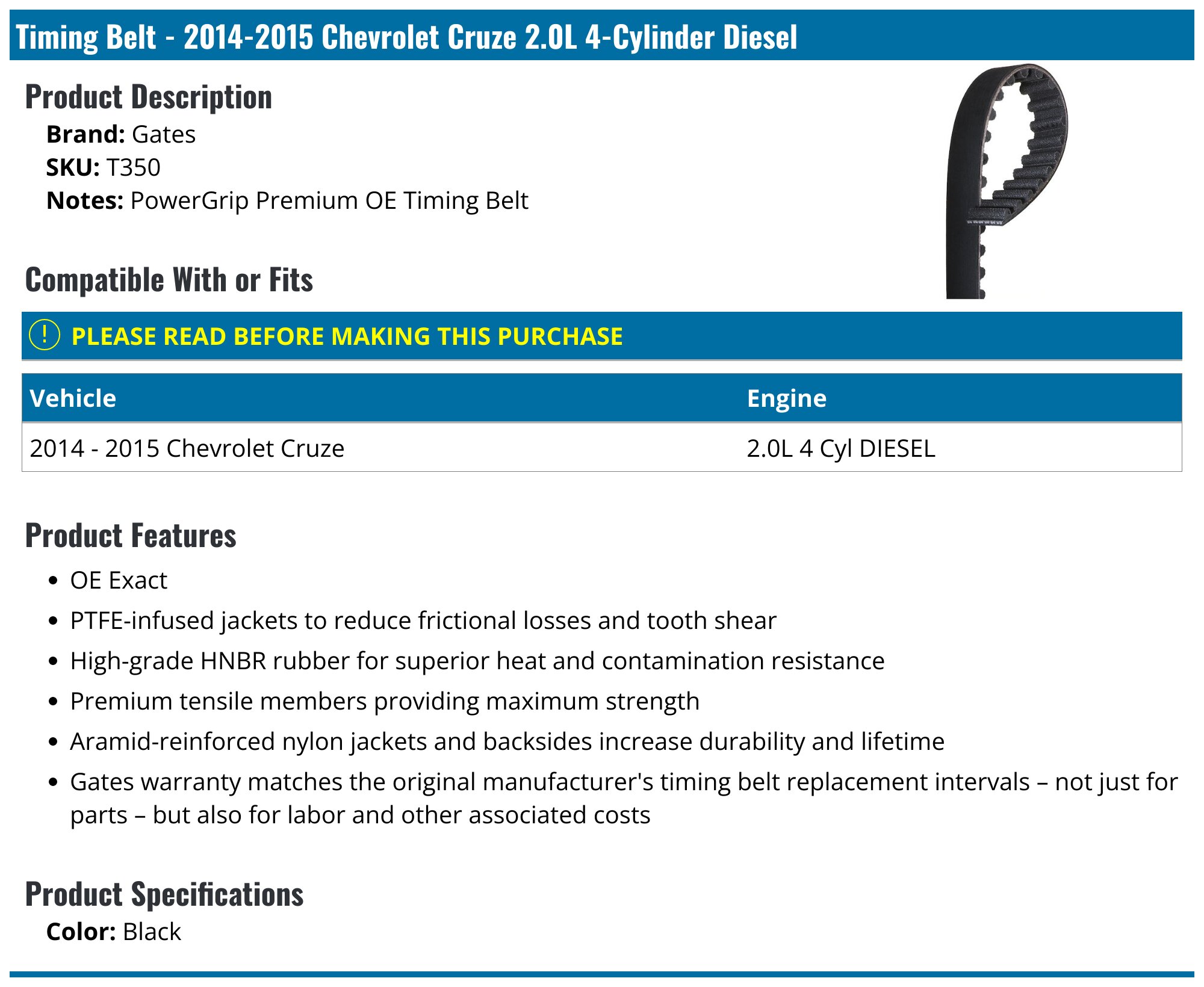 2014-2015 Chevrolet Cruze Timing Belt - Gates T350 - PartsGeek.com