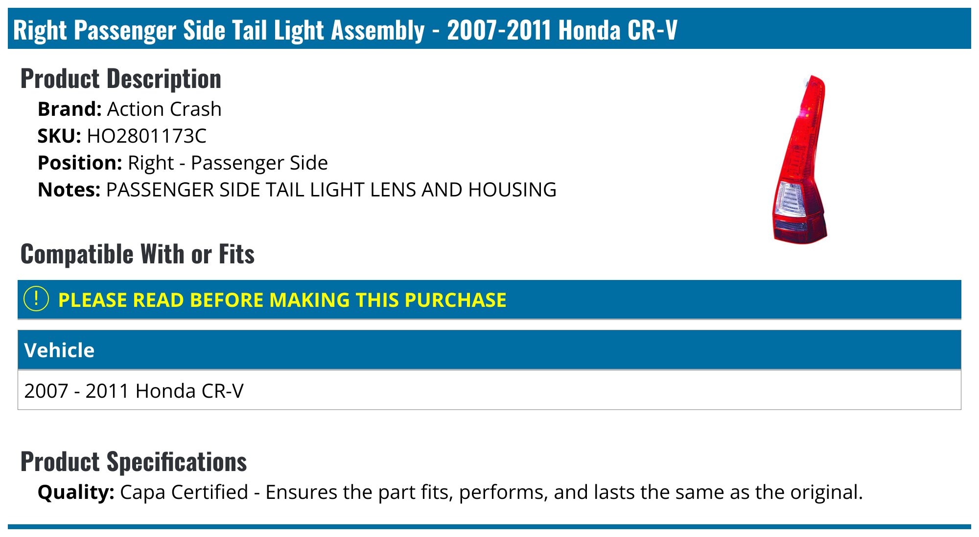 Right Rear Tail Light Taillamp For 2007-2011 Honda CR-V CRV Black Right Rear Tail Light Taillamp For 2007-2011 Honda CR-V CRV Black