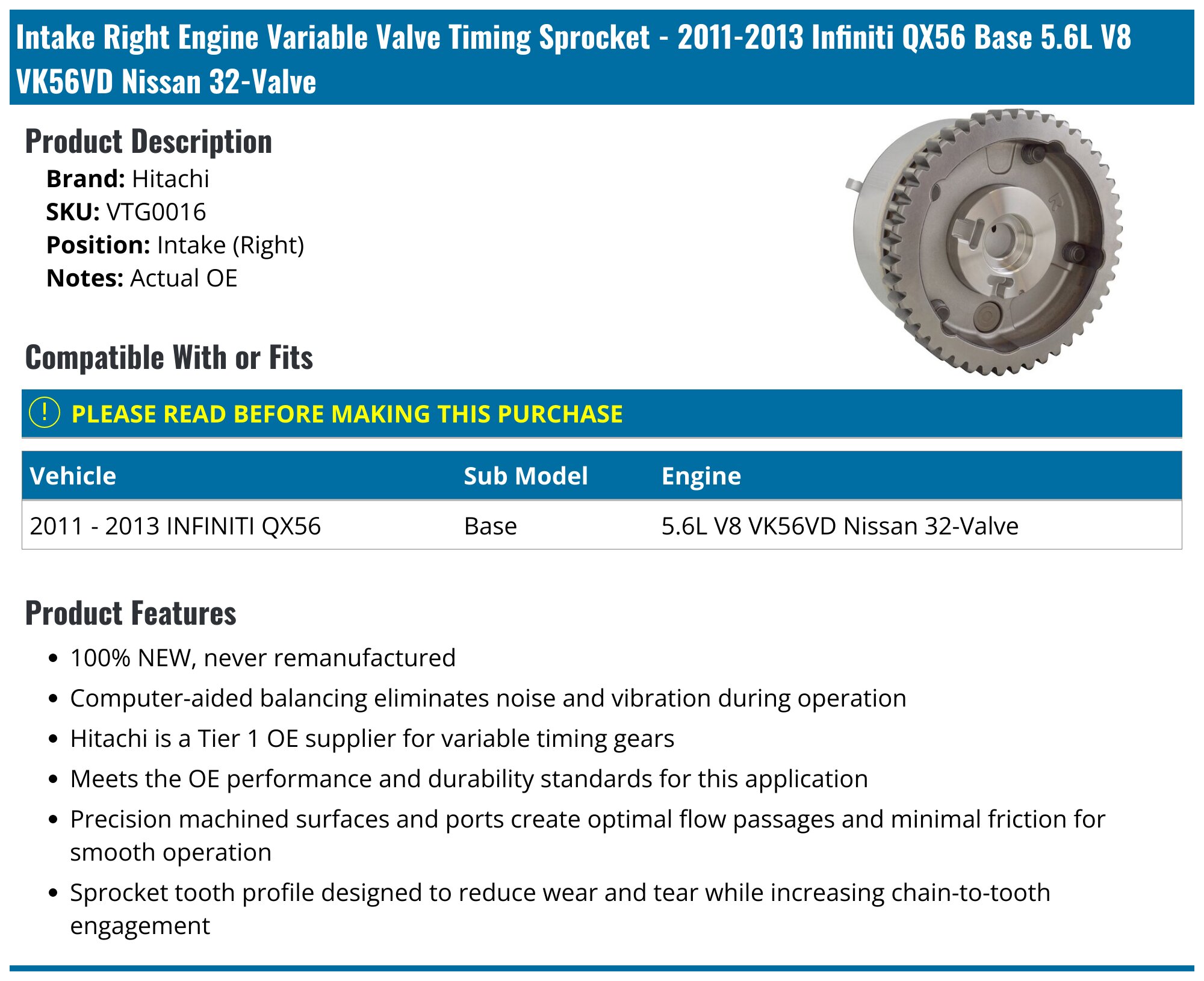 VQページ 2011-2013 Infiniti QX56 Engine Variable Valve Timing Sprocket