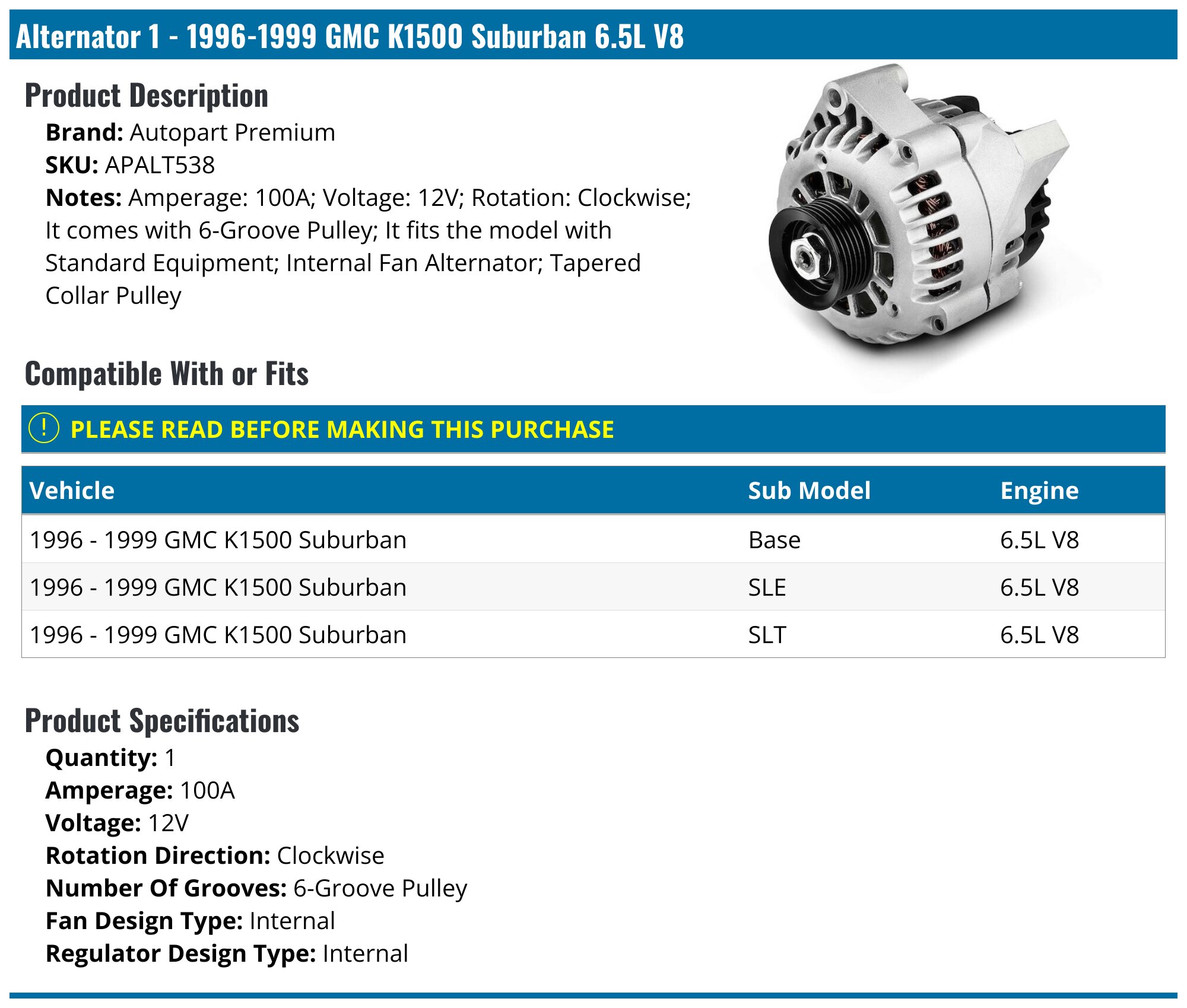 New Alternator For GMC Suburban 5.7L V8 1996 1997 1998 1999 | 12V, Clockwise, Painted, 1-Year Warranty