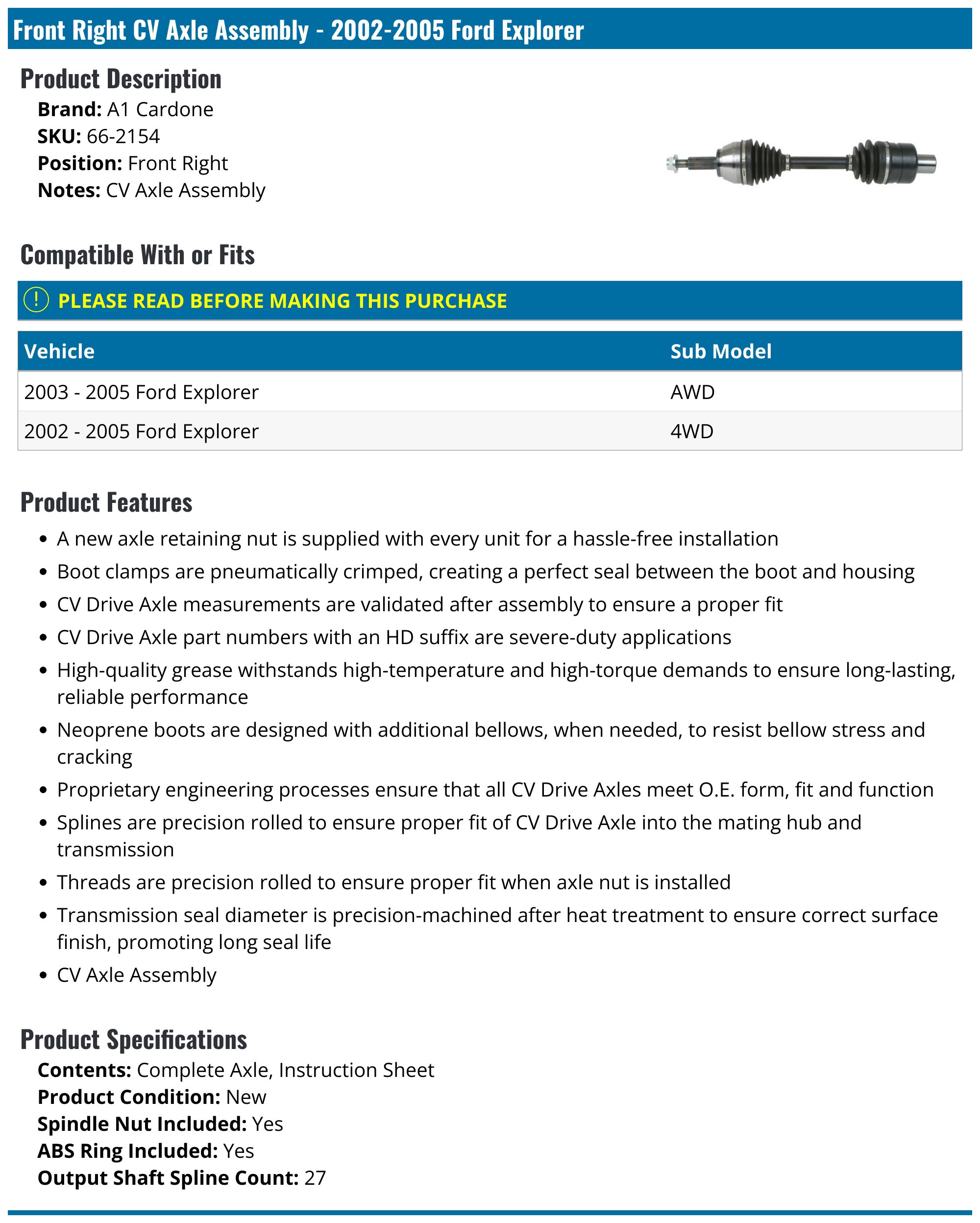 1995-2005 Ford Explorer 4WD 4x4 Inner & Outer CV Axle Boot Kit