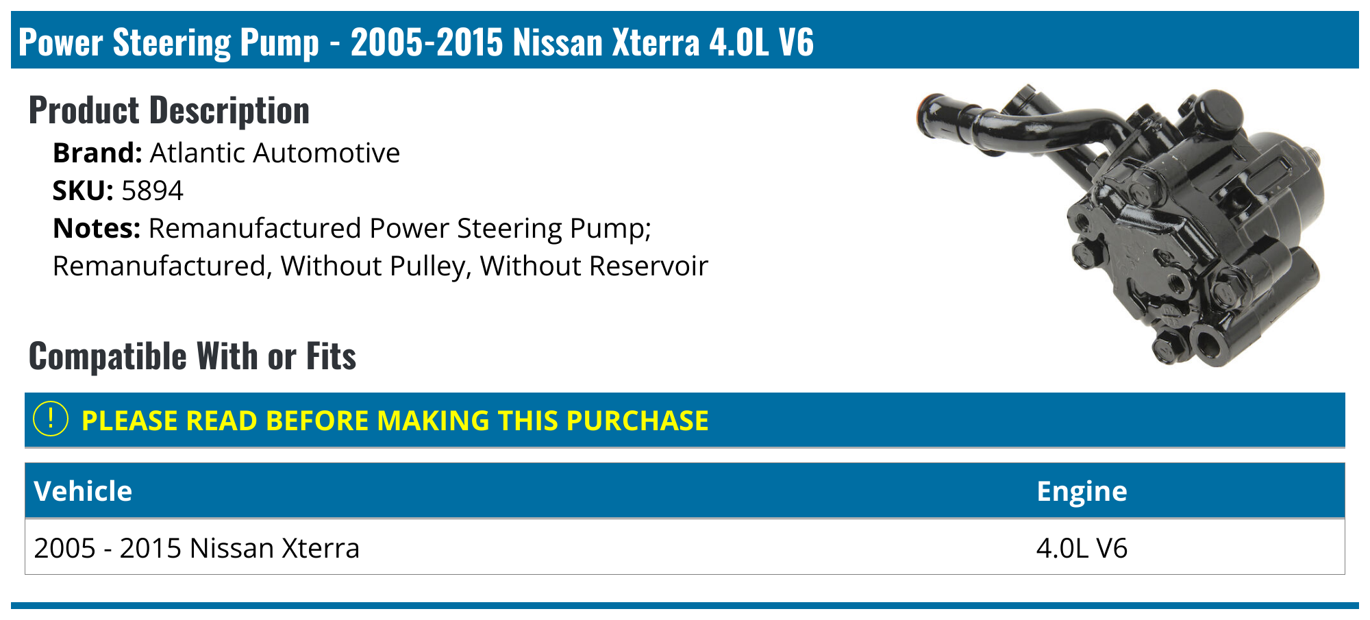 20052015 Nissan Xterra Power Steering Pump Atlantic Automotive 5894