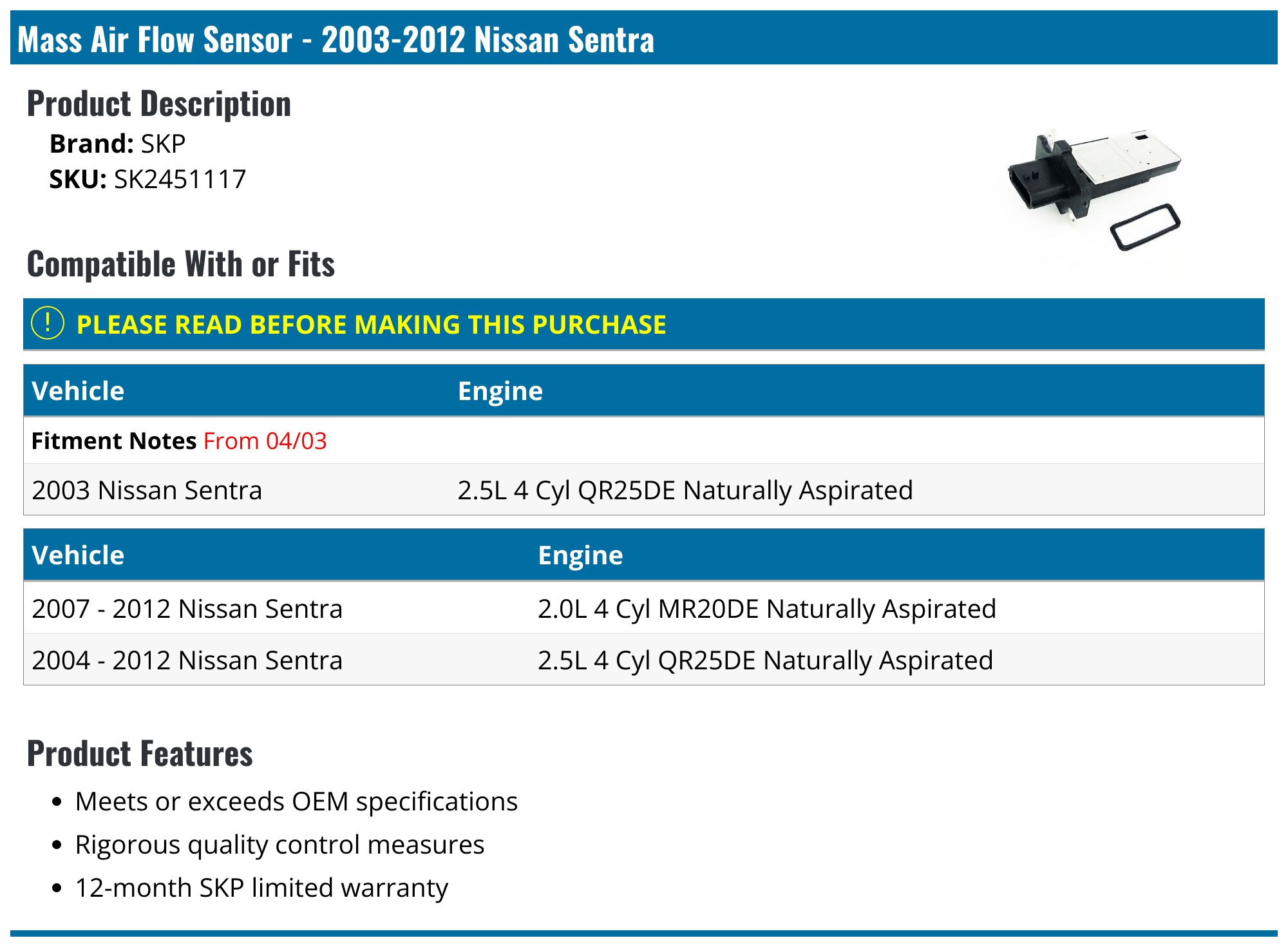 Mass Air Flow Meter Sensor MAF for Nissan Sentra Infiniti G37 G35 22680-7S000