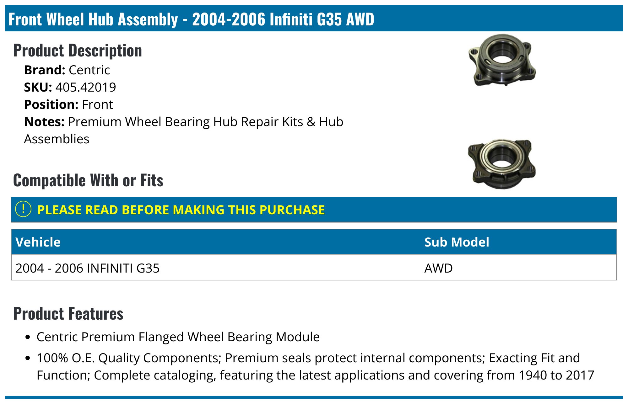AWD Front Left Or Right Wheel Bearing Assembly For 2004-2006 Infiniti G35 - Detroit Axle