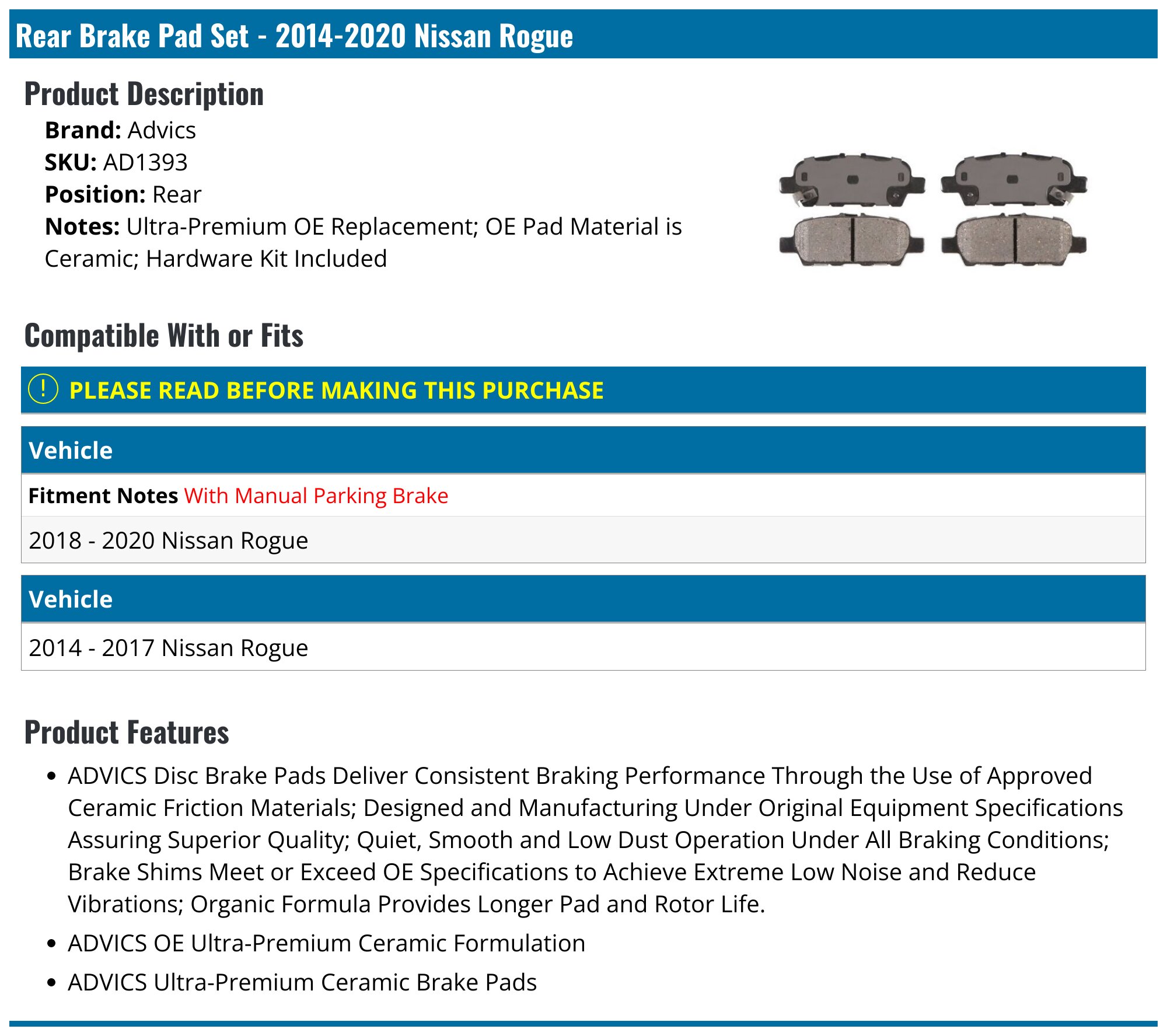 Auto Shack Front & Rear Ceramic Brake Pads For 2014-2020 Nissan Rogue, Rogue Sport, Qashqai, 4-Cylinder