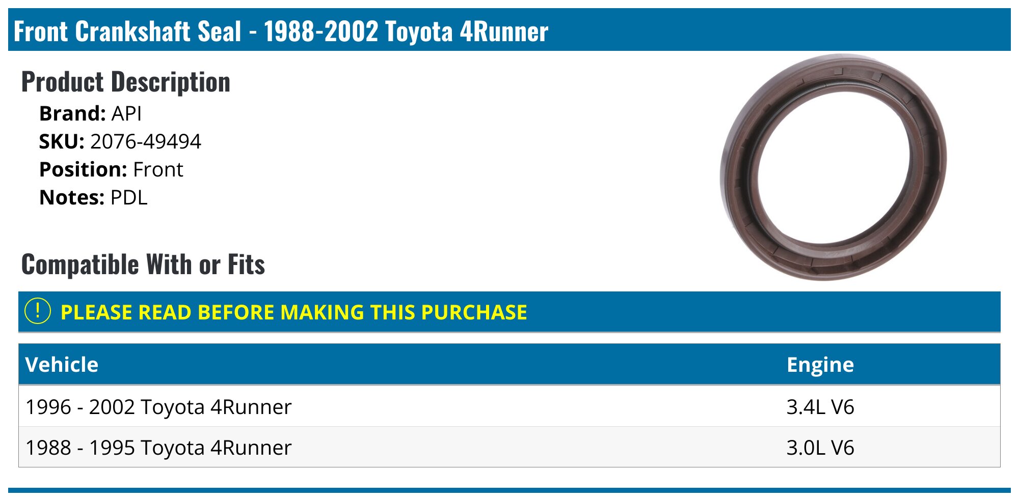 Engine Crankshaft Seal-DOHC, Eng Code: 5VZFE, 24 Valves DNJ RM950