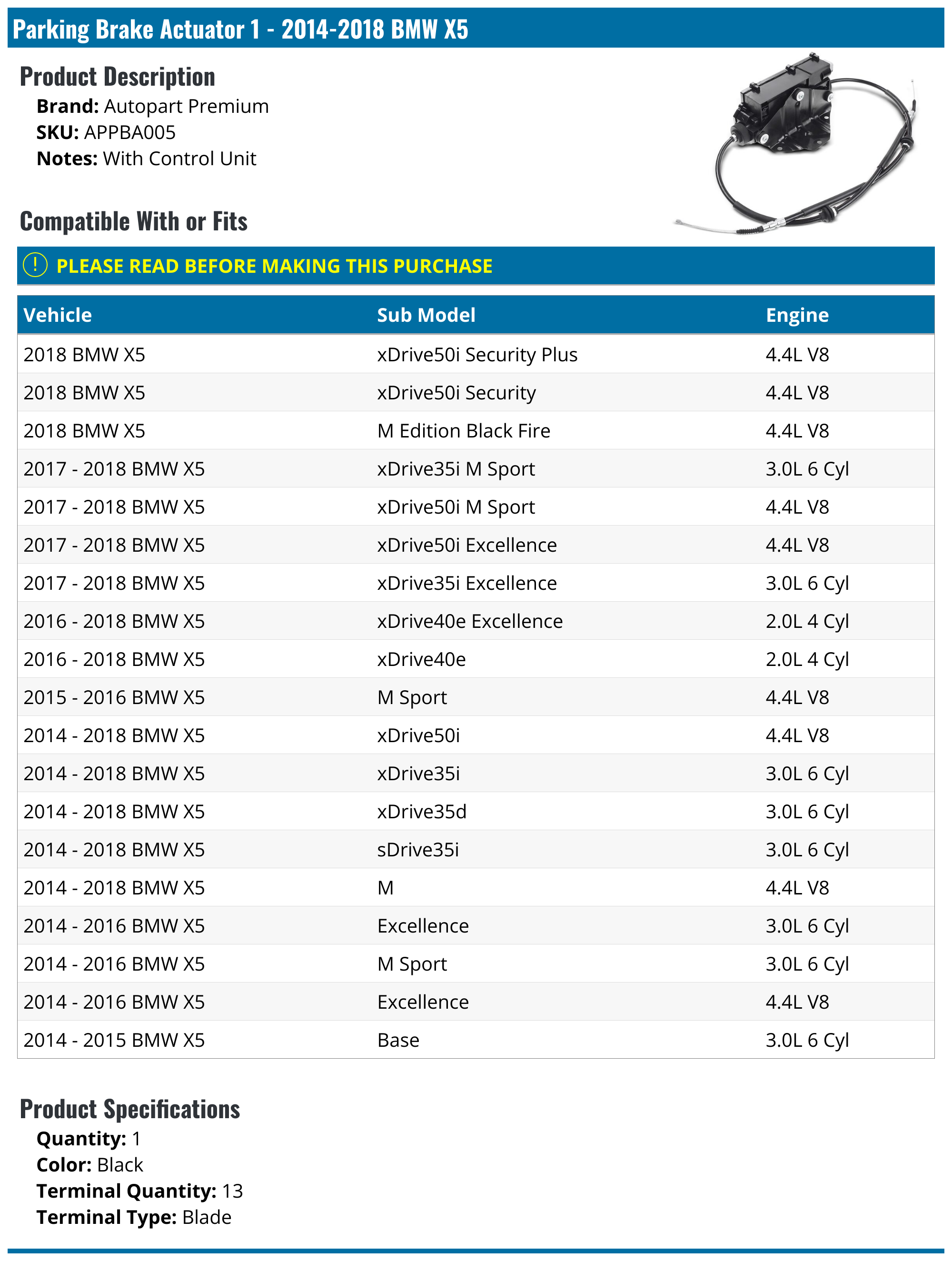20142018 BMW X5 Parking Brake Actuator Autopart Premium APPBA005