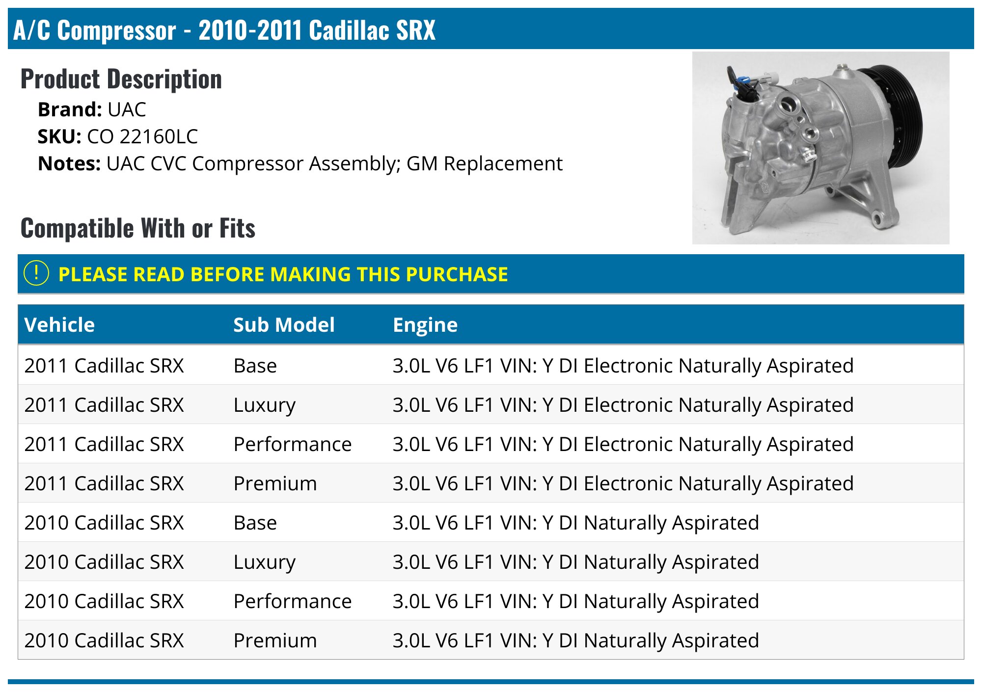 A/C Compressor - 2010-2011 Cadillac SRX - API 92752-02551213