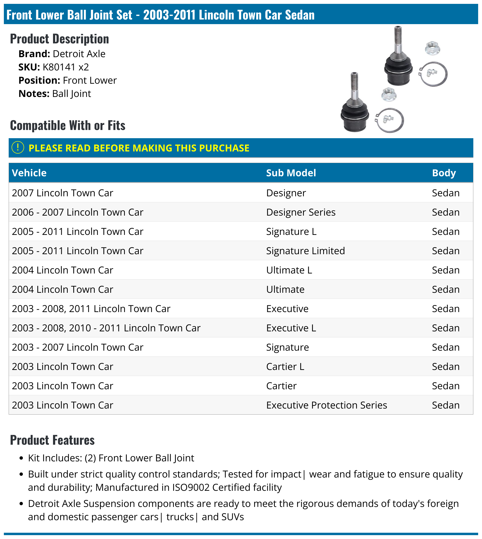 20032011 Lincoln Town Car Ball Joint Detroit Axle K80141 x2 Front