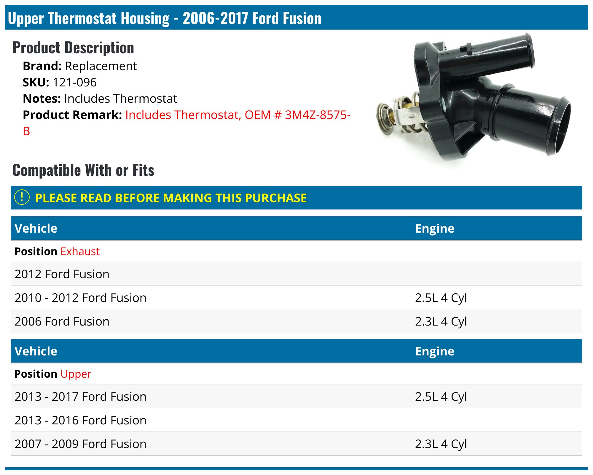 20062017 Ford Fusion Thermostat Housing Replacement 121096 Upper