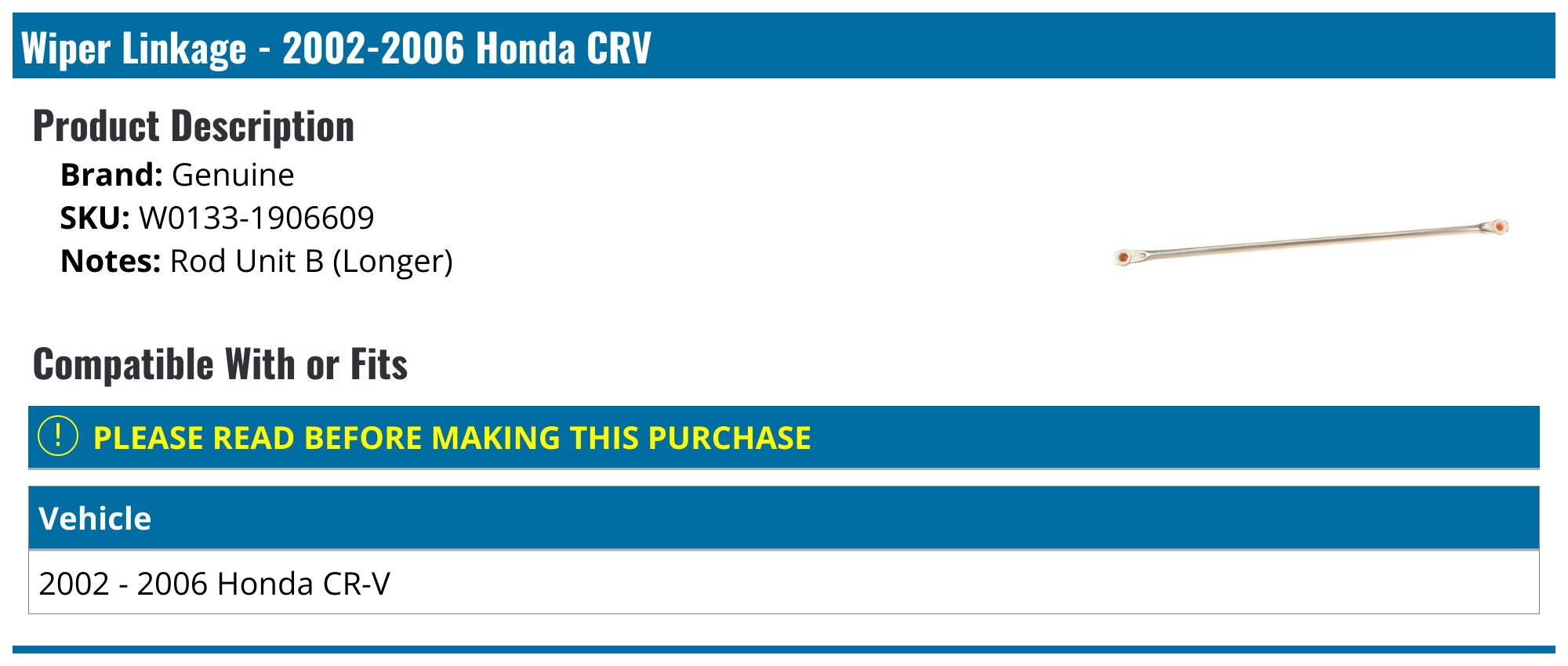 Front Wiper Linkage Assembly 2002-2006 Front Windshield Wiper Linkage Assembly - Replacement For 2002-2006 Honda CR-V 2.4L Front Windshield Wiper Linkage 2002-2006 CR-V-954647