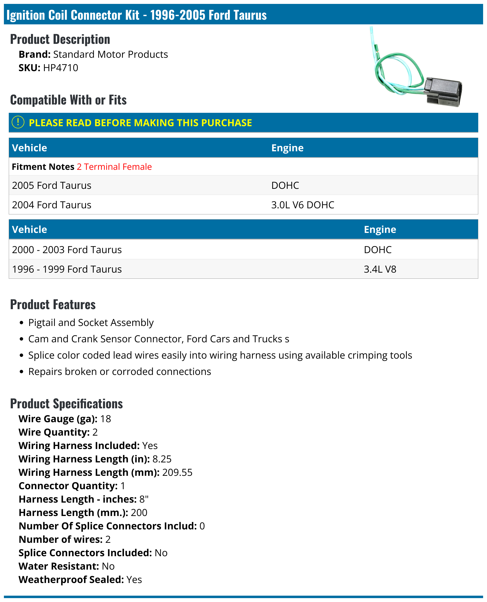 19962005 Ford Taurus Ignition Coil Standard Motor Products HP4710