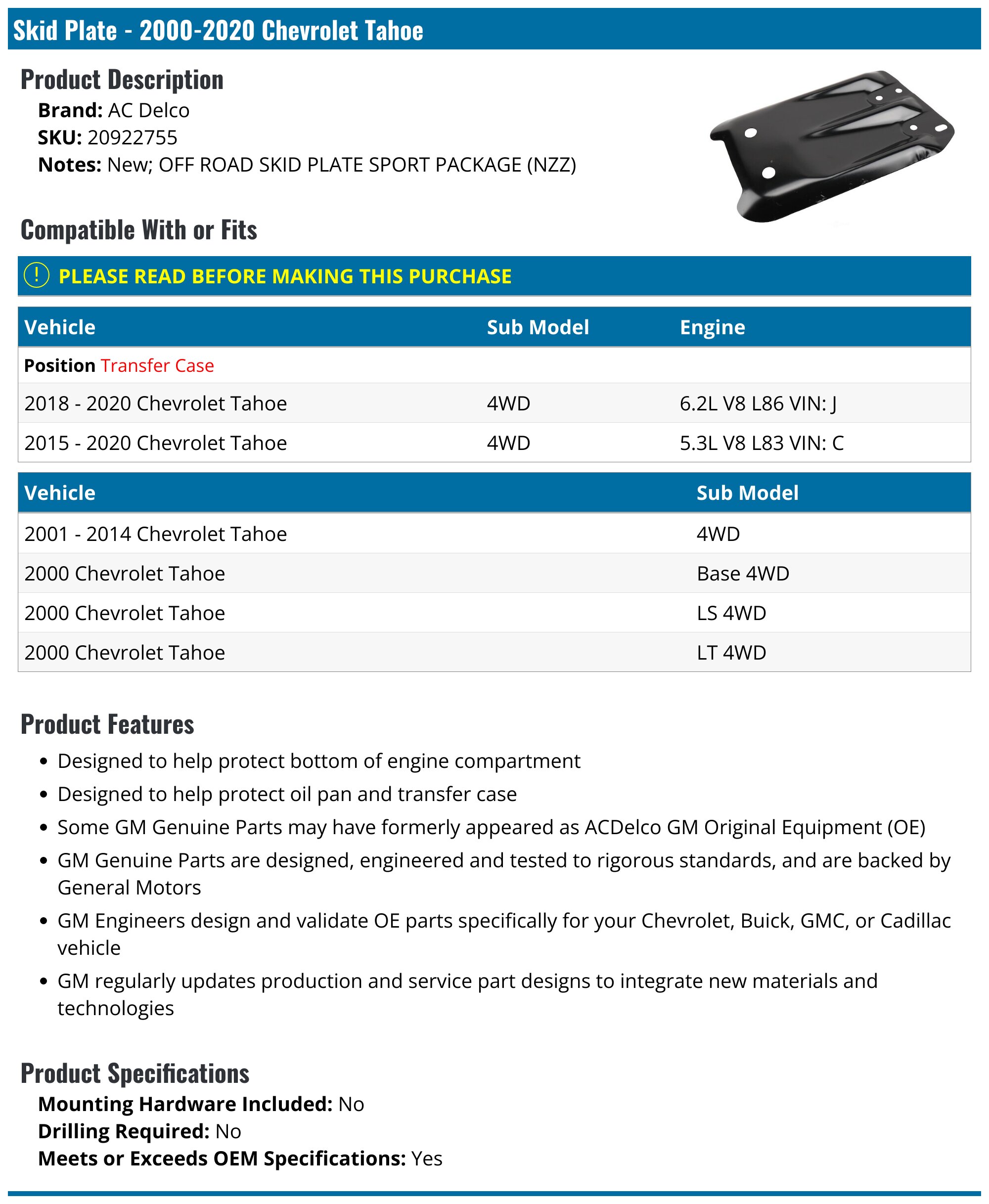 AC Delco 63MX85S Skid Plate – Off-Road Guard For 2000–2020 Chevy Tahoe (Sport Package NZZ), Direct Fit