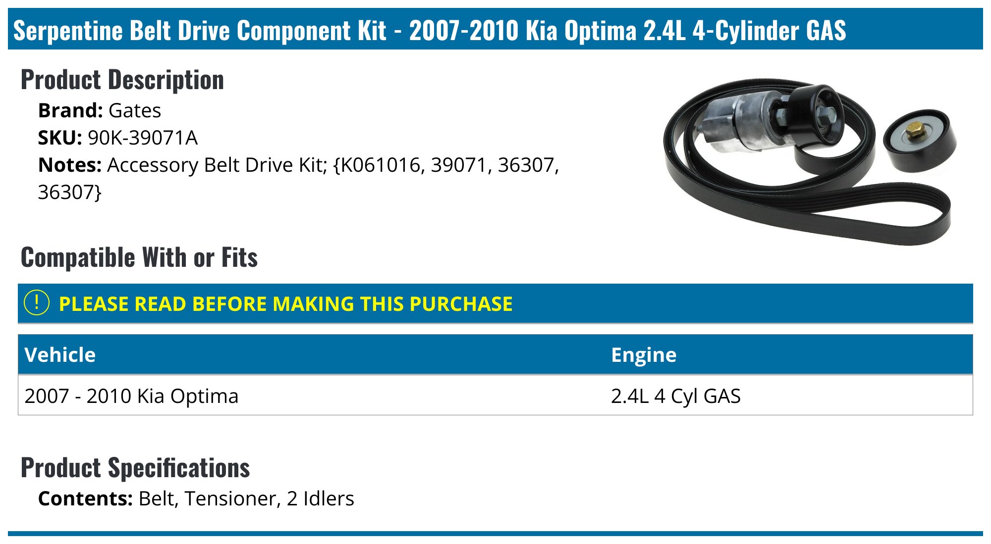 Idler Tensioner Pulley V-Ribbed Belt Kit for Hyundai Kia Rondo Optima 2
