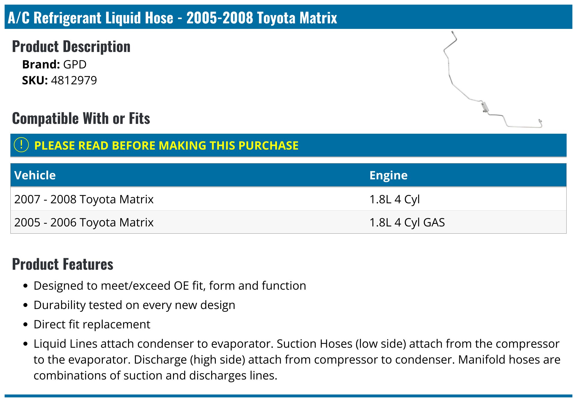 Auto Refrigerant Line A-Premium A/C Suction Line Hose For Toyota Corolla 2009-2013 & Matrix 2009-2014 A-Premium A/C Suction Line Hose For Toyota Corolla Matrix