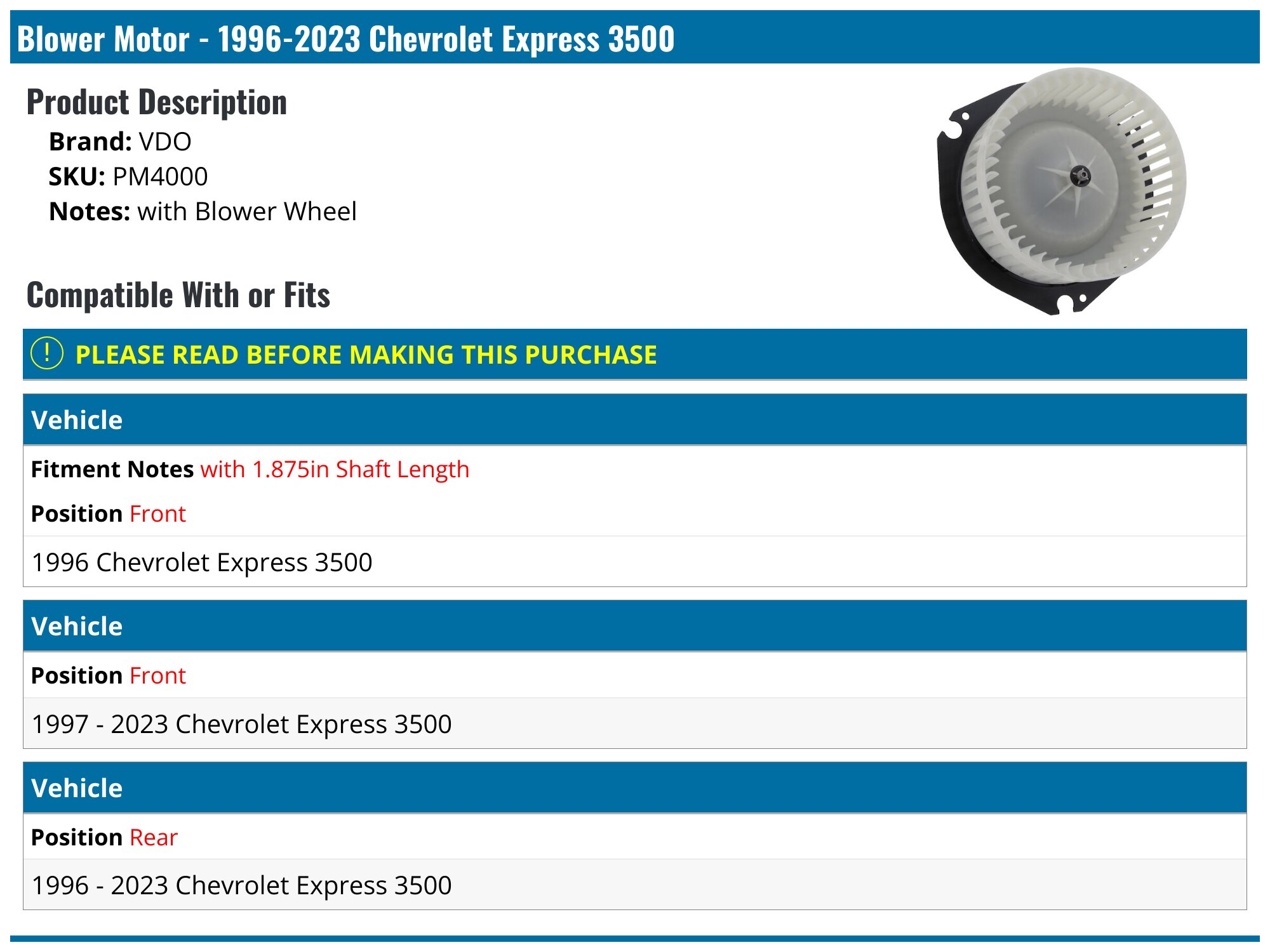 Blower Motor Front Fits 96-18 EXPRESS 2500 VAN 7433090 | eBay